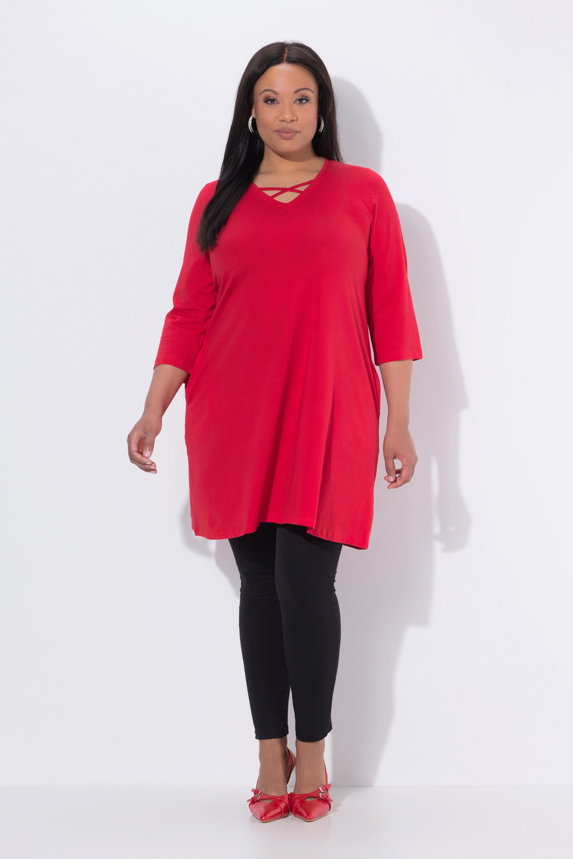 Ulla Popken Longshirt Longshirt Zierbänder A-Linie V-Ausschnitt 3/4-Arm günstig online kaufen