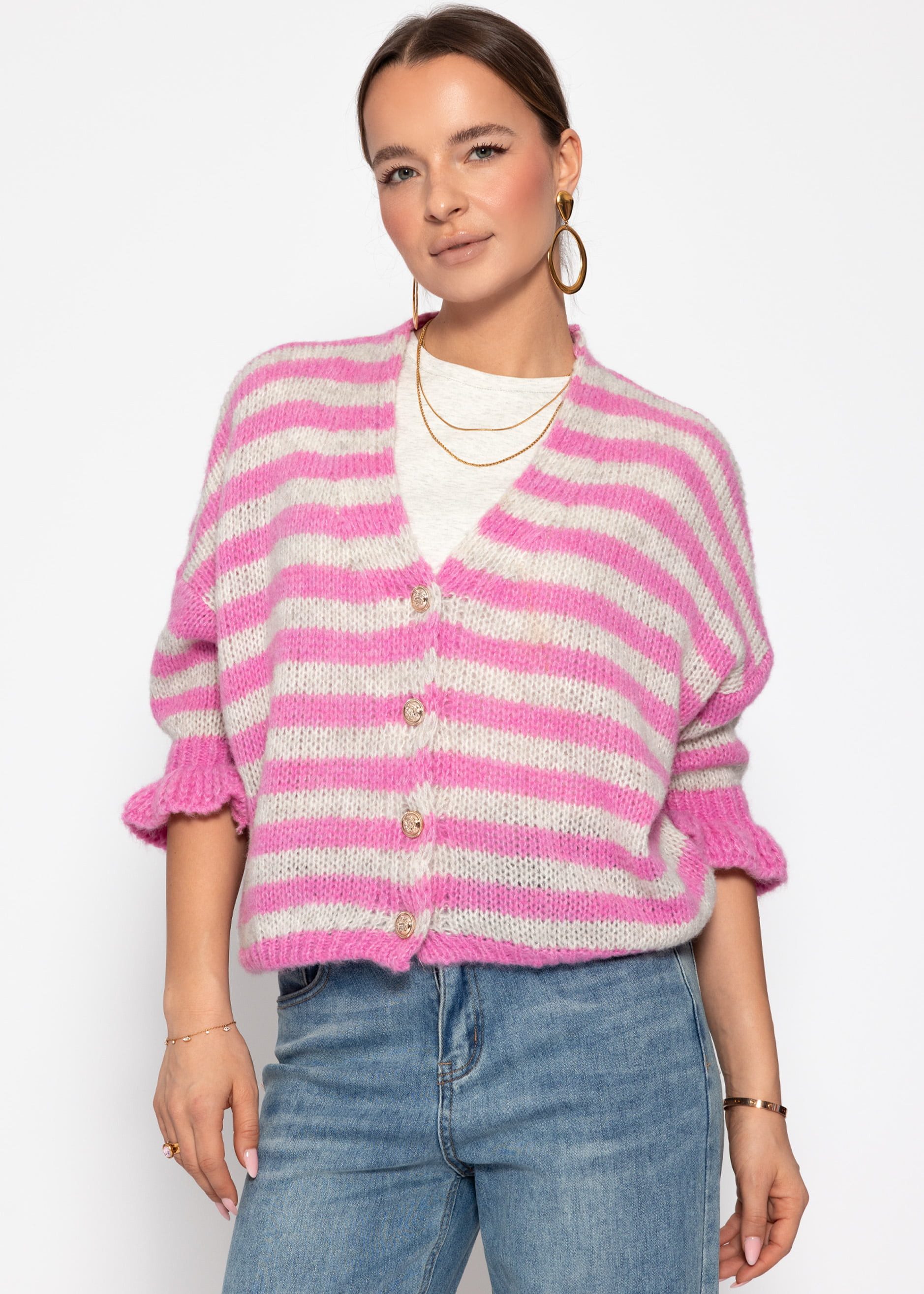 SASSYCLASSY Cardigan Gestreifter Cardigan mit 3/4-Ärmeln für Damen Cozy Cardigan mit Ballonärmeln und Knopfleiste Grau Pink
