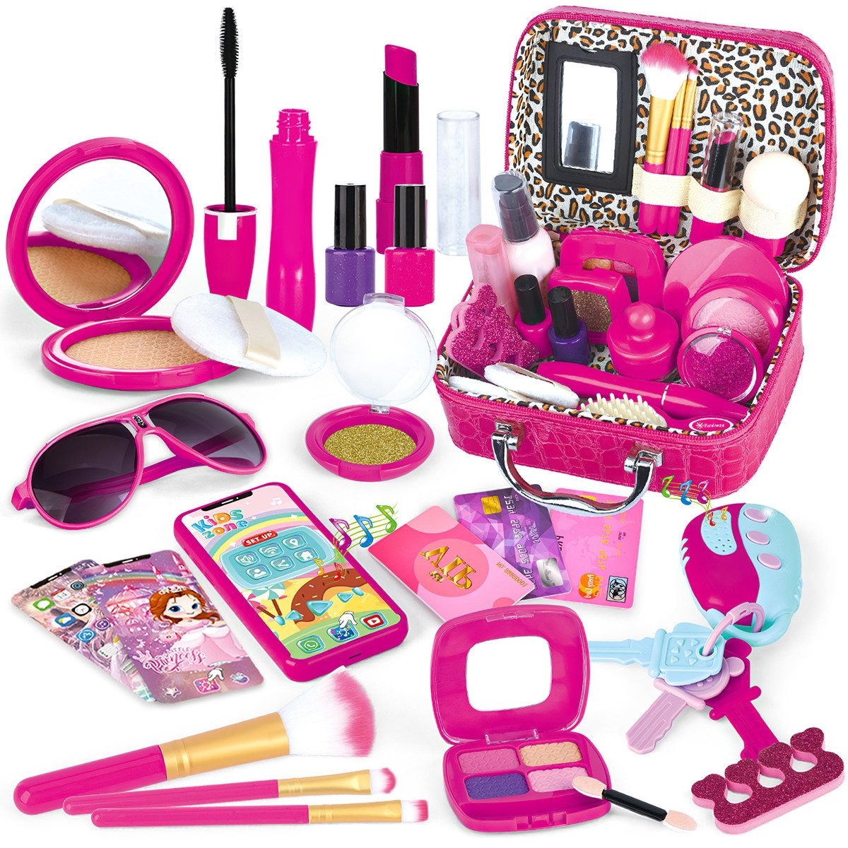 DOPWii Spielzeug-Frisierkoffer Mädchen Schmink Spielzeug Set in rosa Handtasche, 22-teilig