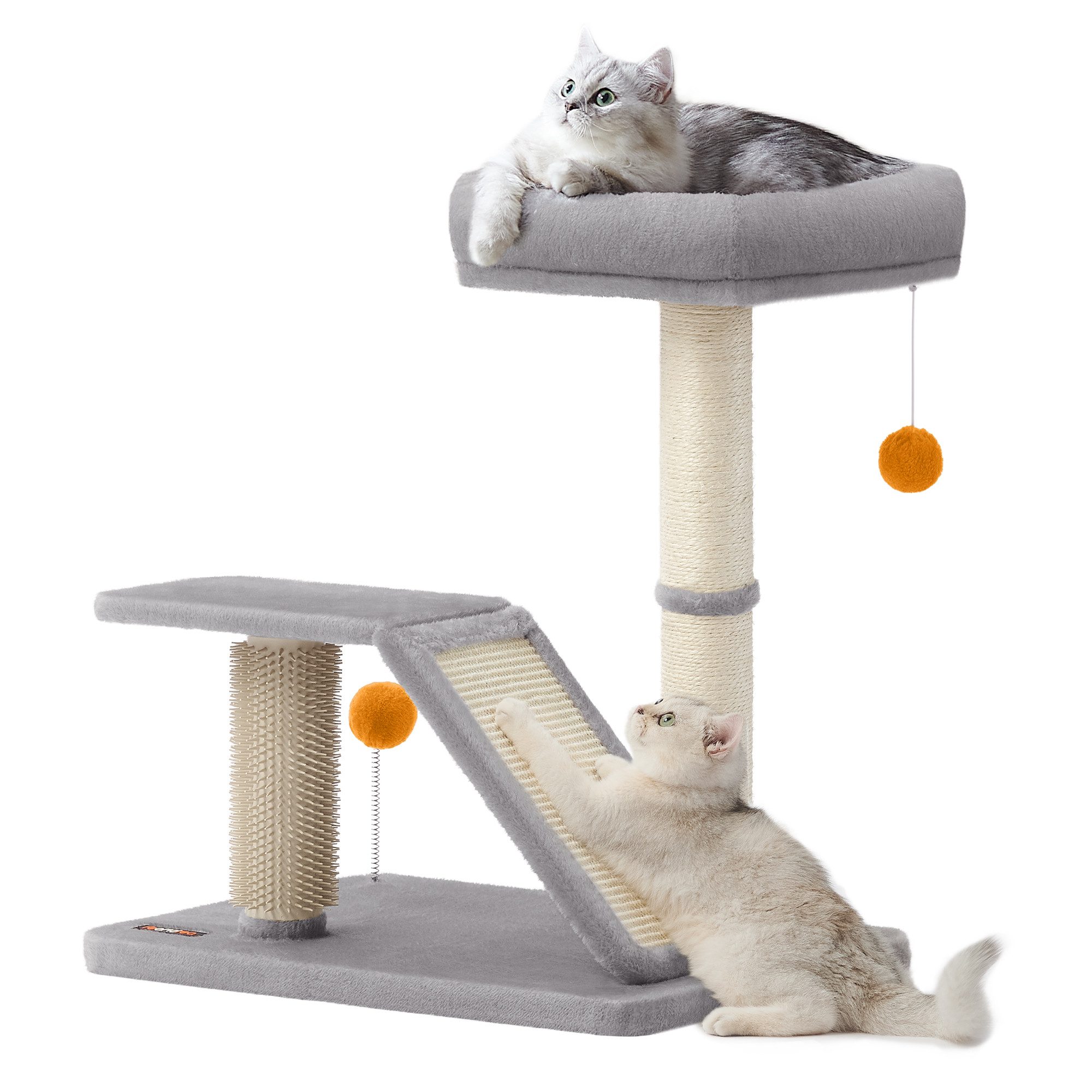FEANDREA Kratzbaum mit Liegefläche, multifunktionaler Katzenbaum, für Katzen, 66,6cm hoch, mit Plattform, drehbare Rampe, Katzenbürste, Plüschbälle, Kratzsäule