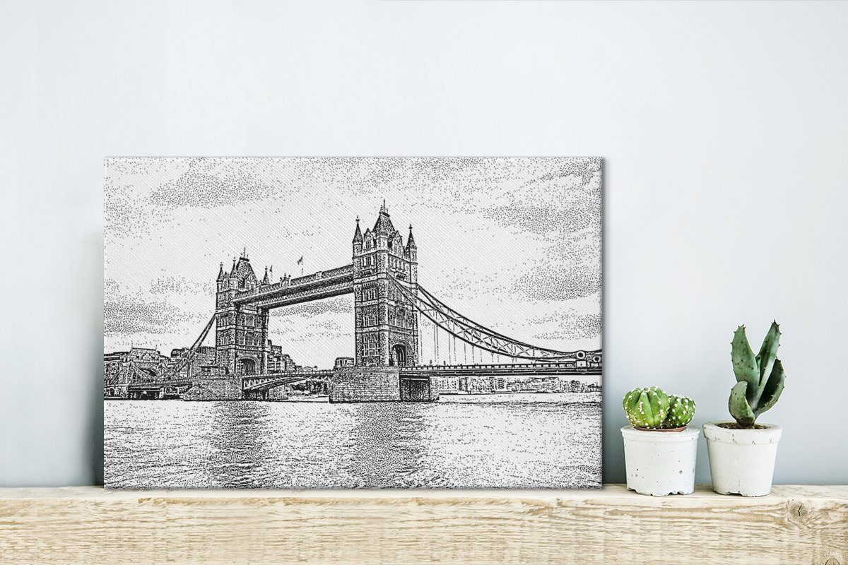 Leinwandbild London Illustration 30x20 Wandbild Wanddeko, Tower der in Leinwandbilder, OneMillionCanvasses® in Aufhängefertig, schwarz-weiß, (1 St), Bridge cm