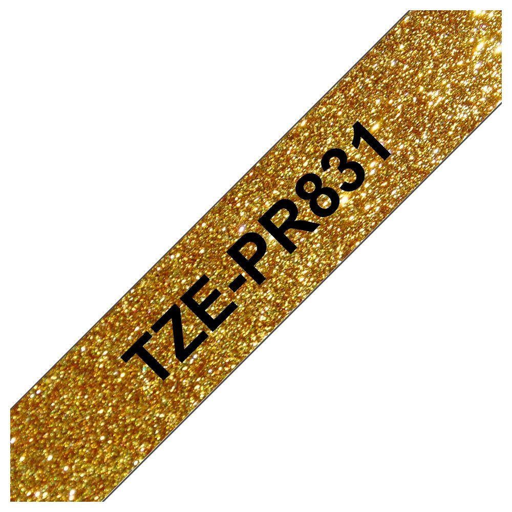 Brother Beschriftungsband P-touch, 12 m Glitzer-Gold Schwarz 8 breit, auf lang mm