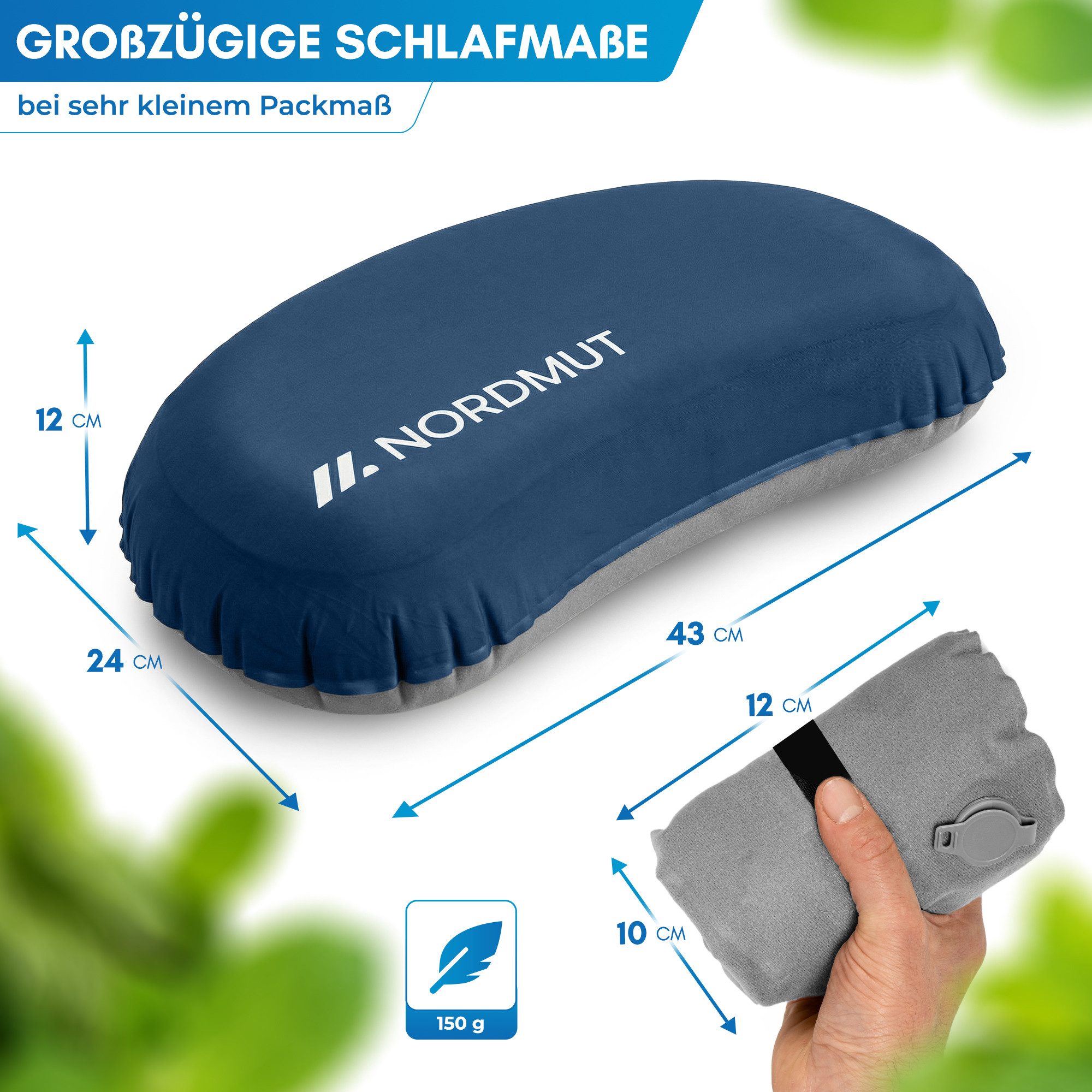 Nordmut Reisekissen aufblasbar & ergonomisch für Camping & Outdoor, kompakt & ultraleicht, Spar-Set, 1-tlg., Nordmut Rago + Kompressionsbeutel, Trekking, Schlafkissen für Nacht, waschbarer Bezug, Kompressionsbeutel