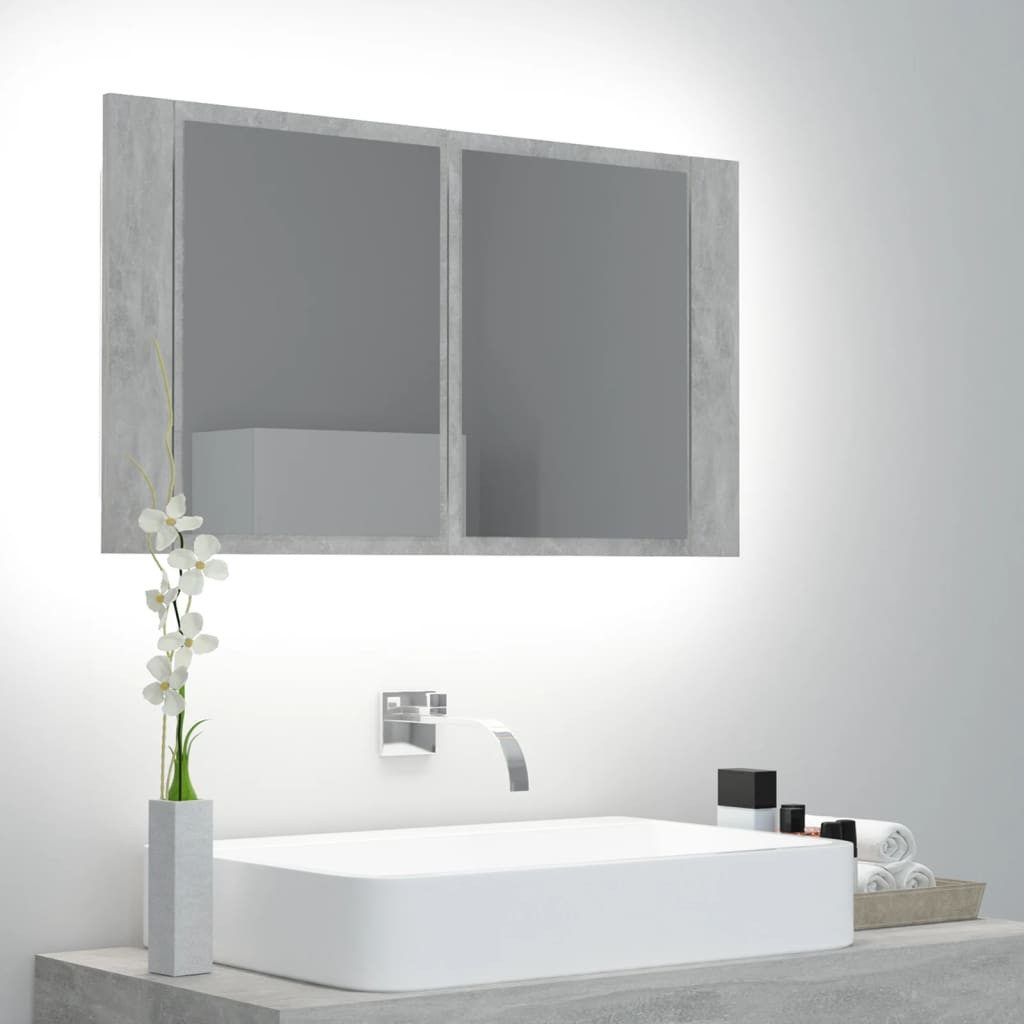 furnicato Badezimmerspiegelschrank LED-Spiegelschrank Betongrau 80 x 12 x 45 cm mit RGB-Licht (1-St) Badschrank mit USB-Anschluss, Acrylspiegel und zwei Regalböden
