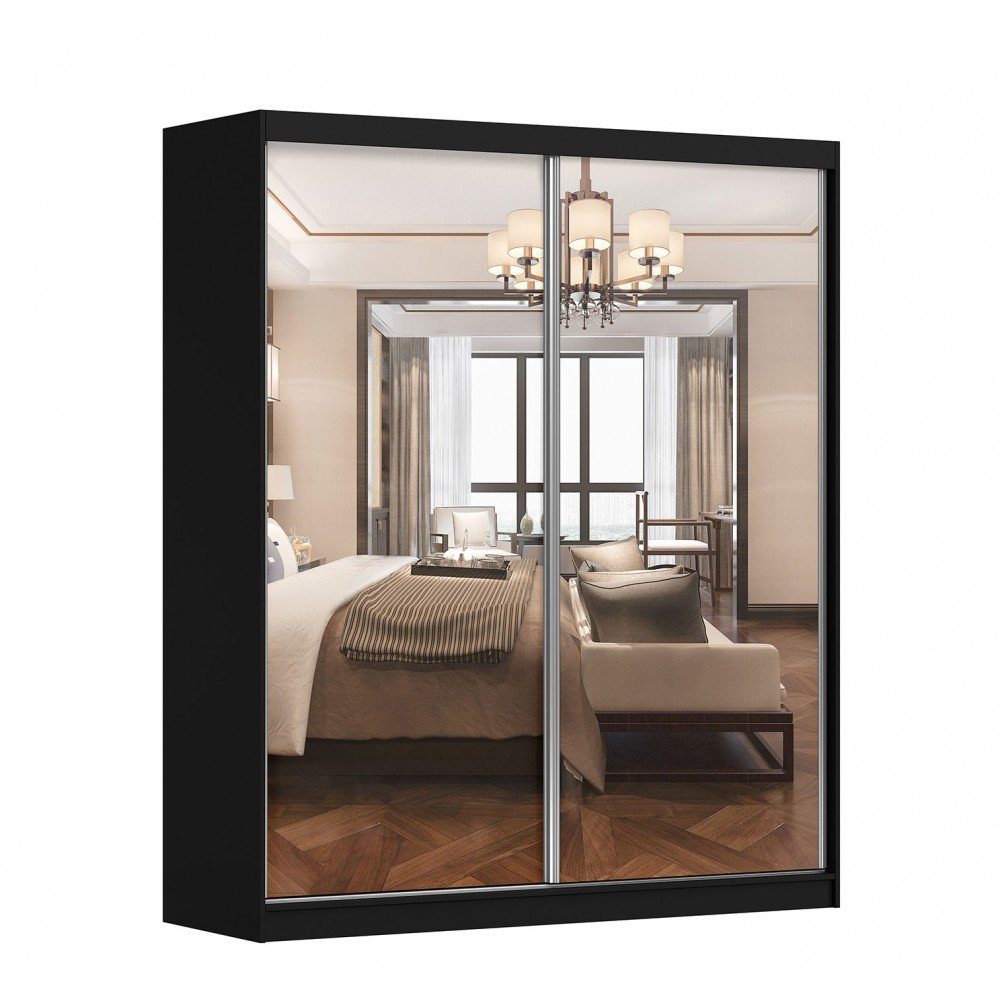 MOEBLO Kleiderschrank BEN 20 (Schwebetürenschrank 2-türig Schrank Garderobe Schiebtüren Schlafzimmer, mit Spiegel Kleiderstange und Regale) (BxHxT):203/183x218x61 cm