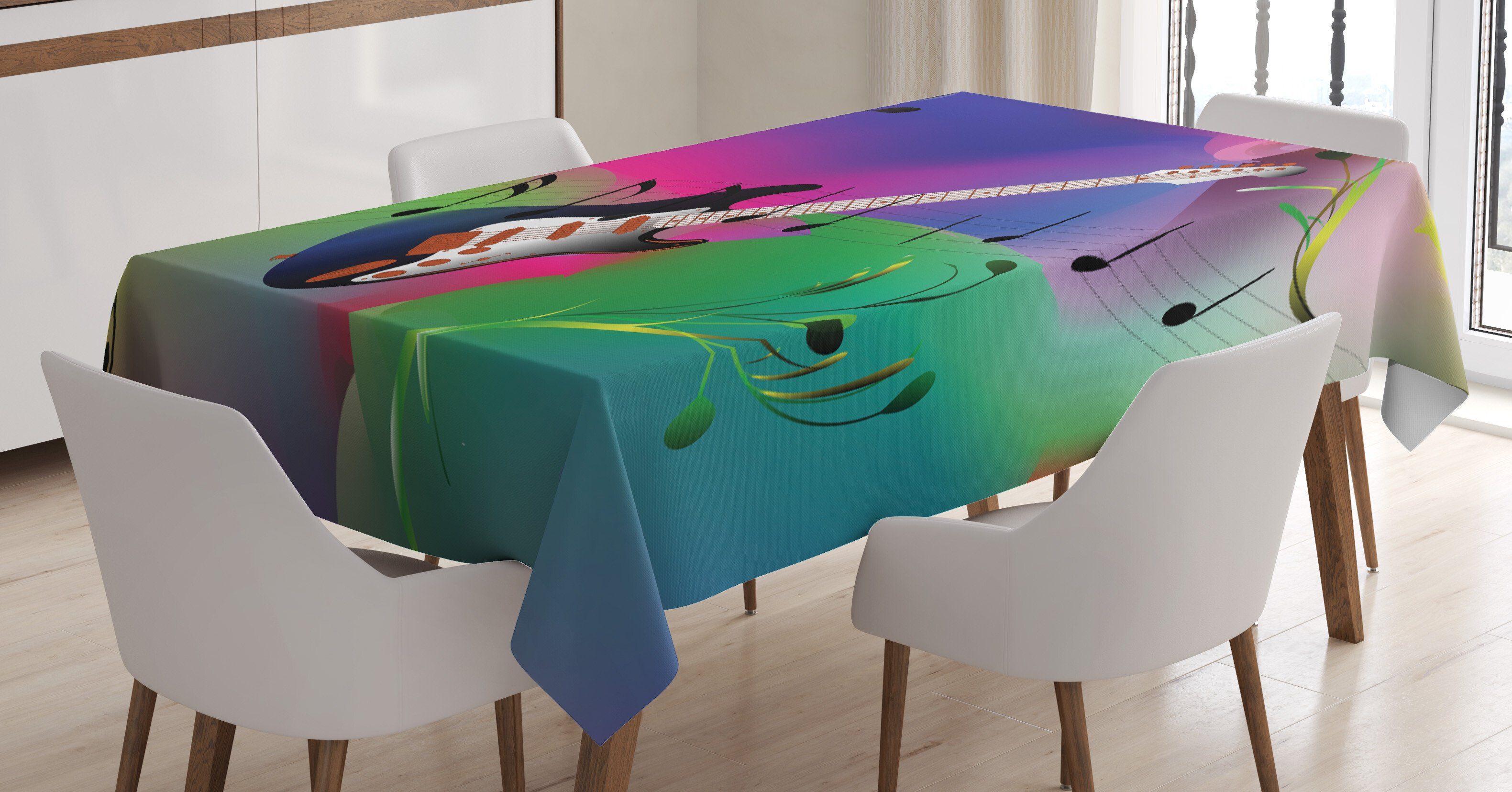 Abakuhaus Tischdecke Farbfest Waschbar Für den Außen Bereich geeignet Klare Farben, Musiknote Gitarre auf bunten zurück