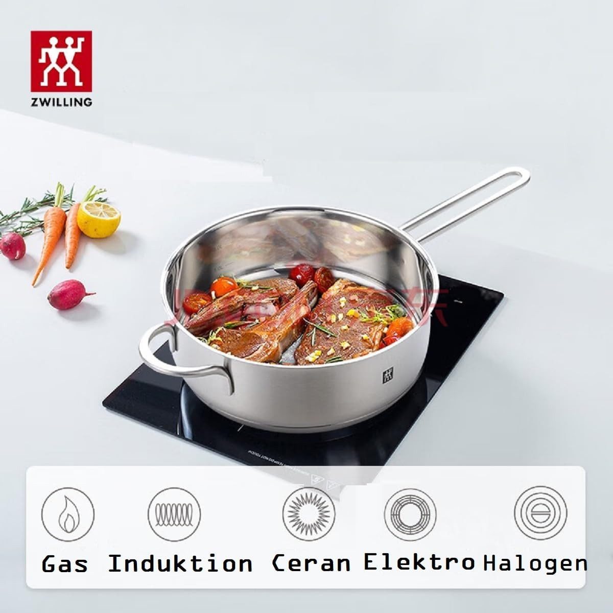 Zwilling Schmorpfanne TwinNova 3 24cm mit Deckel + Gemüsemesser 8cm, Edelstahl, kratzfest und säurebeständig, unbeschichteter Finish