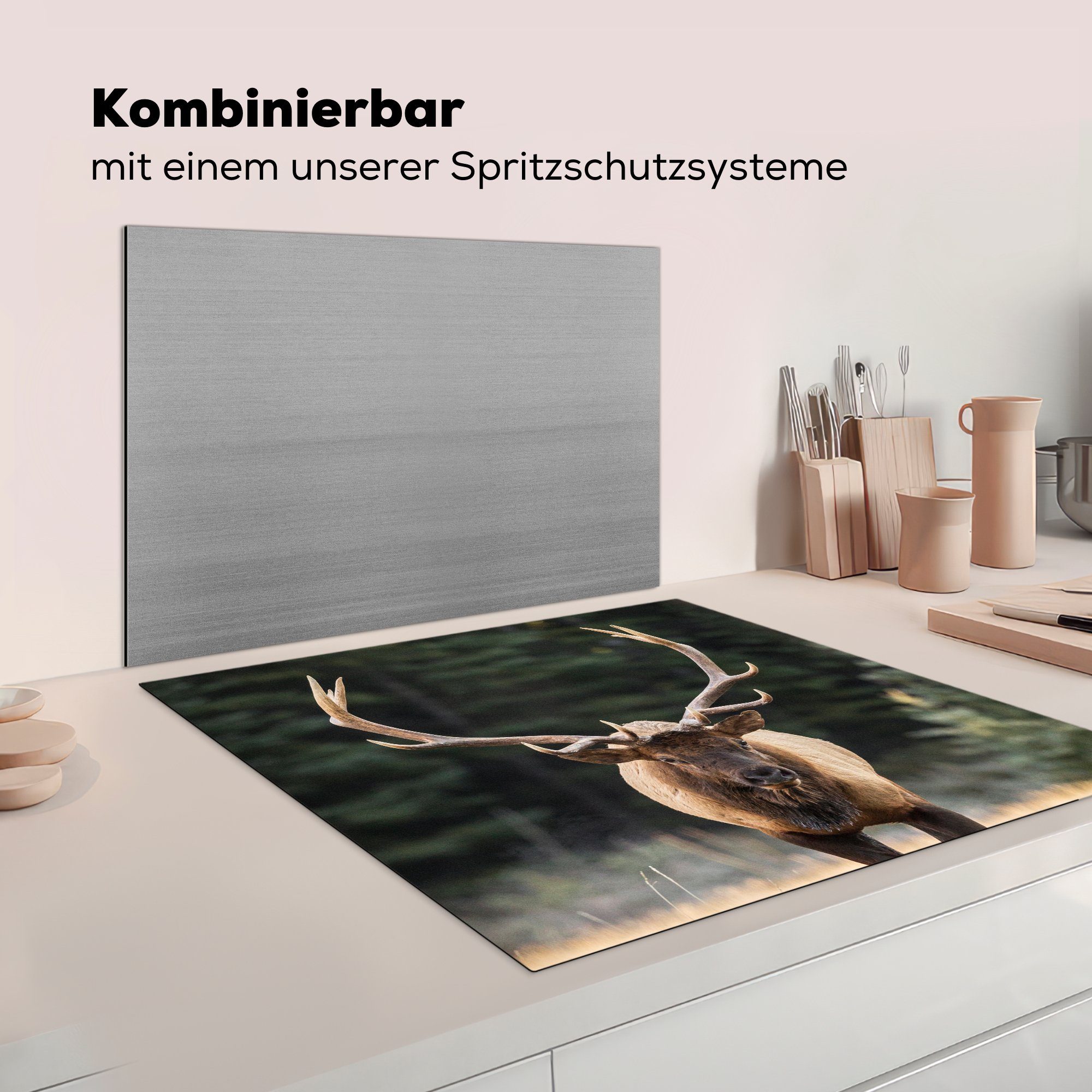 Herdblende-/Abdeckplatte für - Baum Hirsch Geweih, Vinyl, MuchoWow Ceranfeldabdeckung, (1 cm, küche tlg), 78x78 Arbeitsplatte -