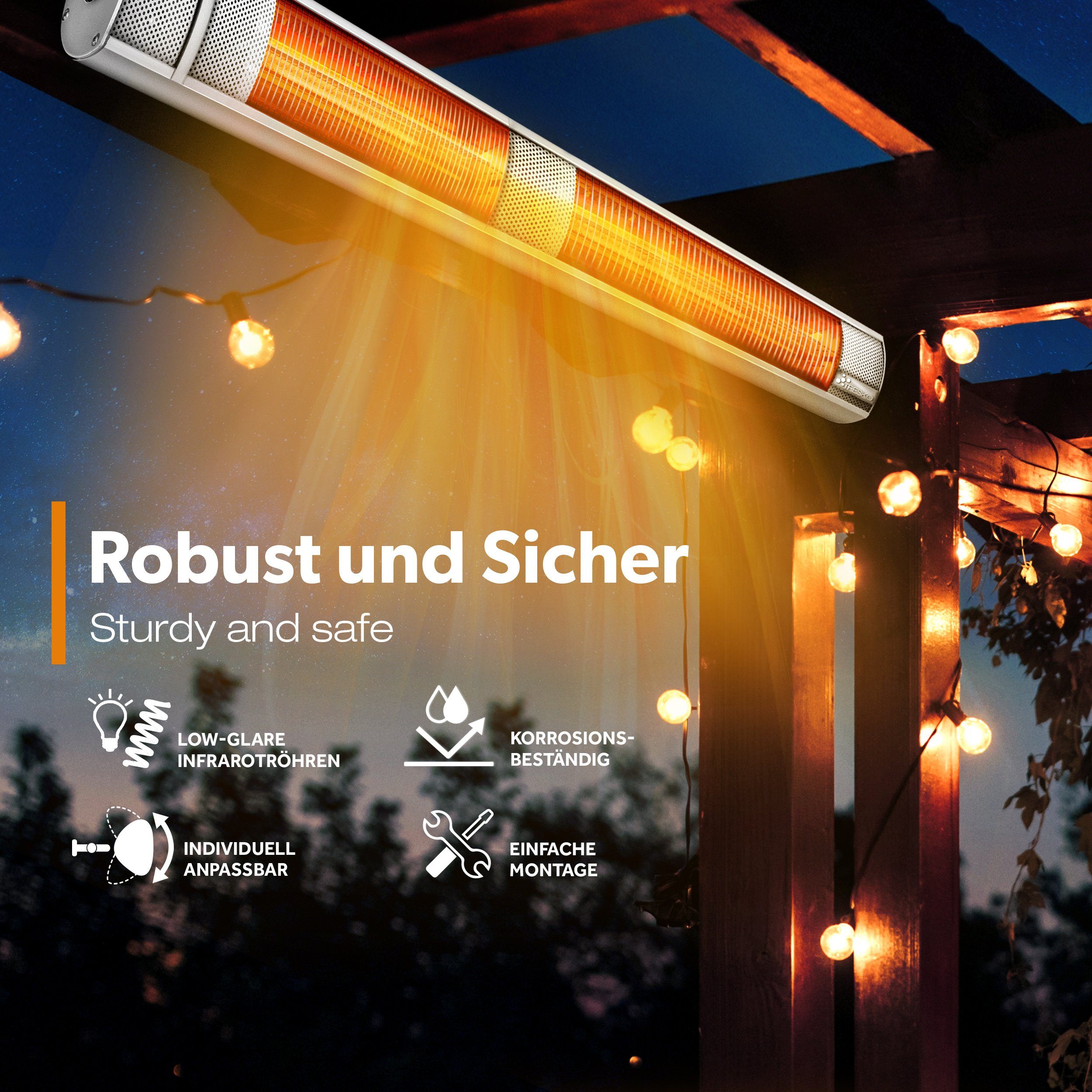 TRESKO Heizstrahler Infrarot 3000W mit Fernbedienung Wärmestrahler Terrasse elektrisch, mit 3 Heizstufen Terrassenstrahler Innen & Außen Wand-Heizstrahler