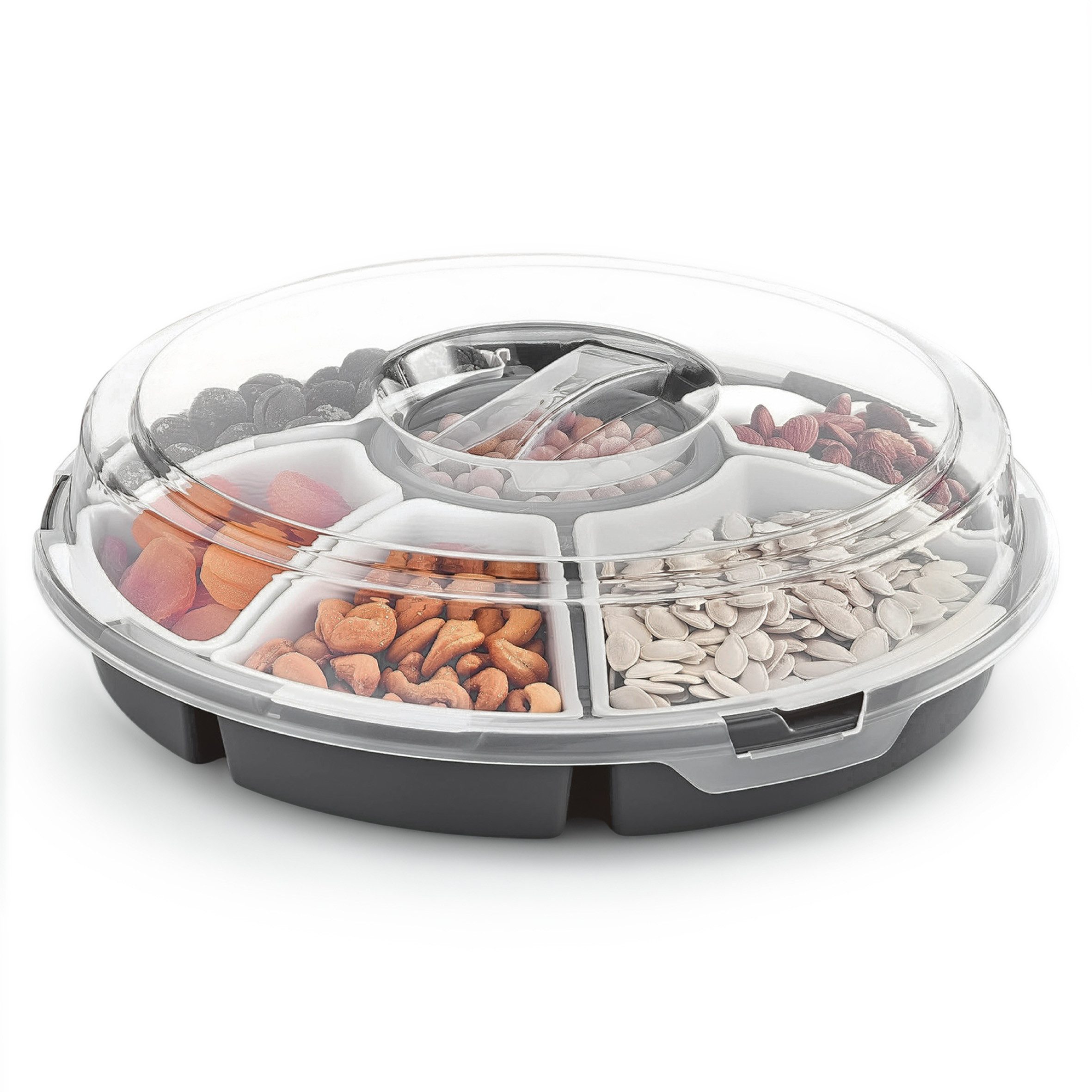 Spetebo Servier-Set Transport Servierset mit 6 Schalen - Ø 33 cm, Kunststoff, (Set, 8-tlg., Servierset -mit 6 Schalen + Deckel), Runde Snack, Dip und Tapas Transport Box mit Deckel