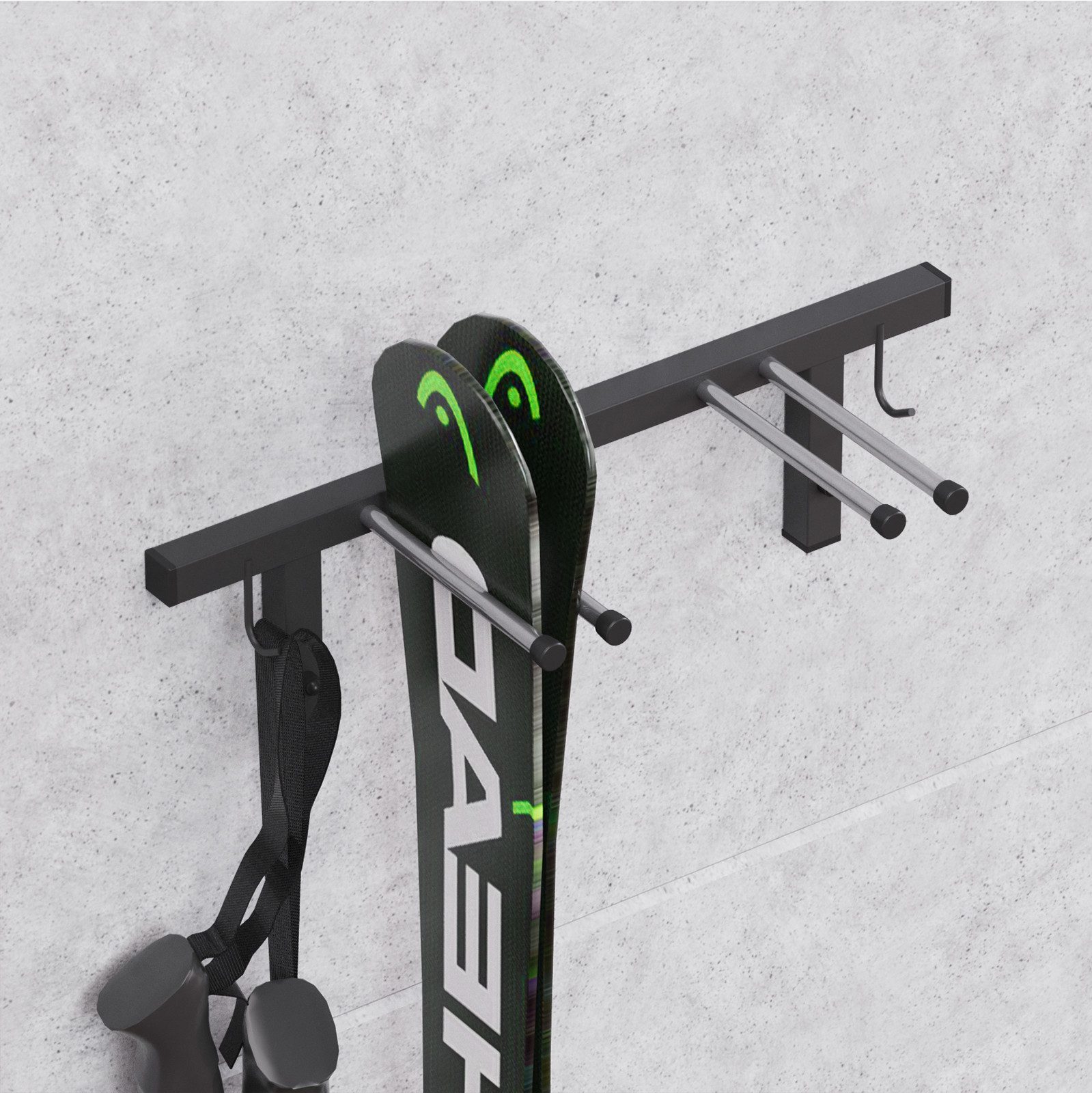 QLS Ski- und Snowboardträger S3.2, Wand Skihalter für 2 Paare Ski Stöcke Hakenleiste 44 cm