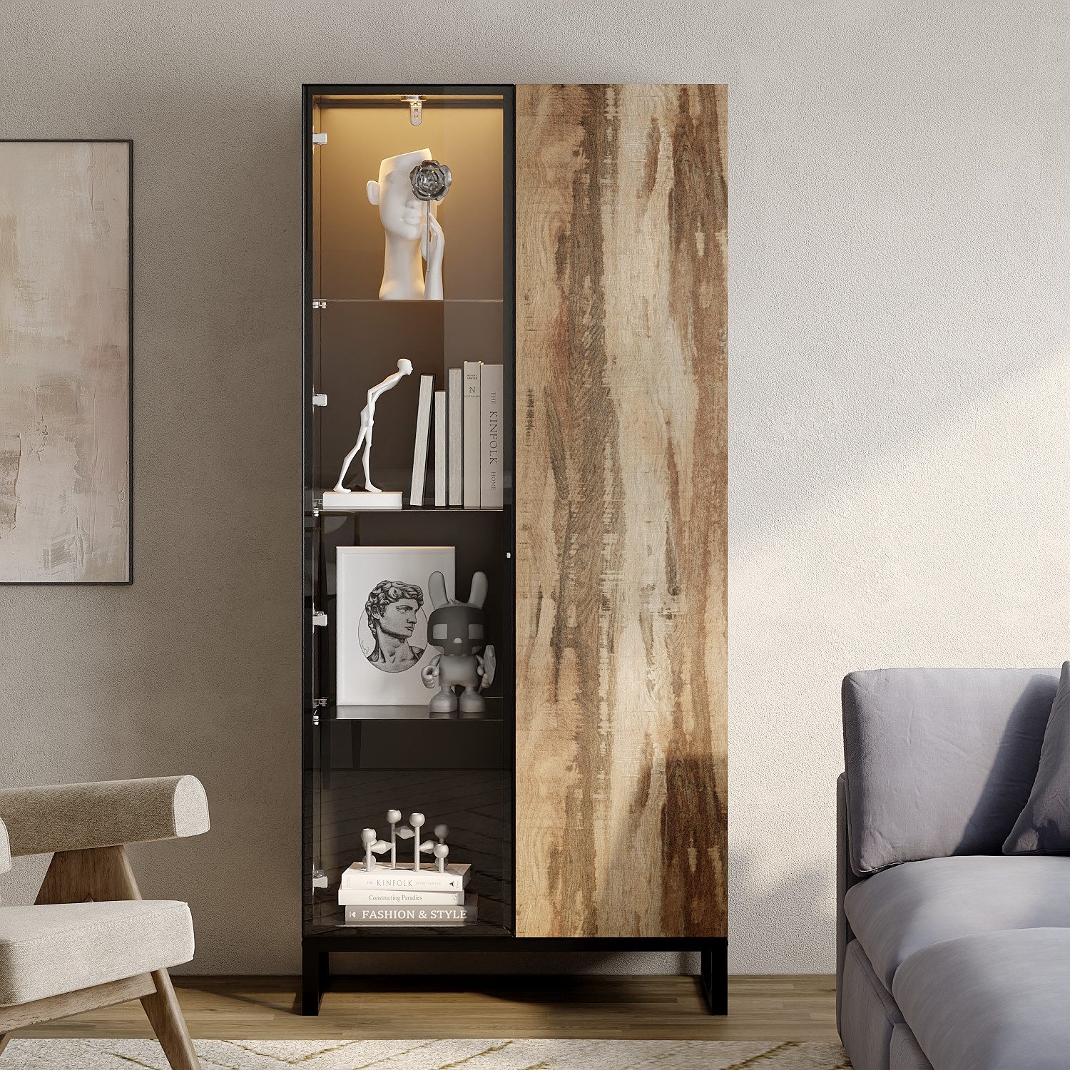 FUFU&GAGA Glasvitrine Vitrine mit Rundstrahler, Schwarz & Holzoptik, MDF+Glas, 80×41×175 cm