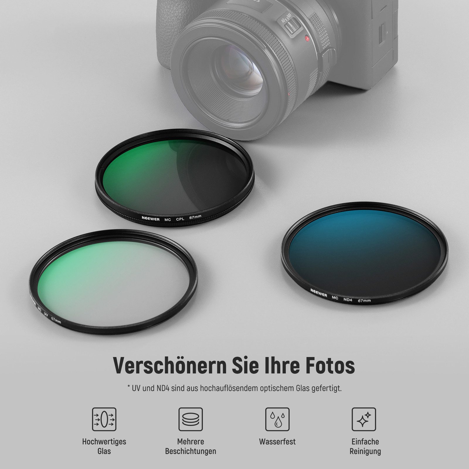 Neewer 67mm Objektivfilter Kit, UV/CPL/ND4, mit Hartschalenkoffer Foto-Filter-Sets (mehrfach vergütetes optisches Glas, für 67mm Kameraobjektiv)