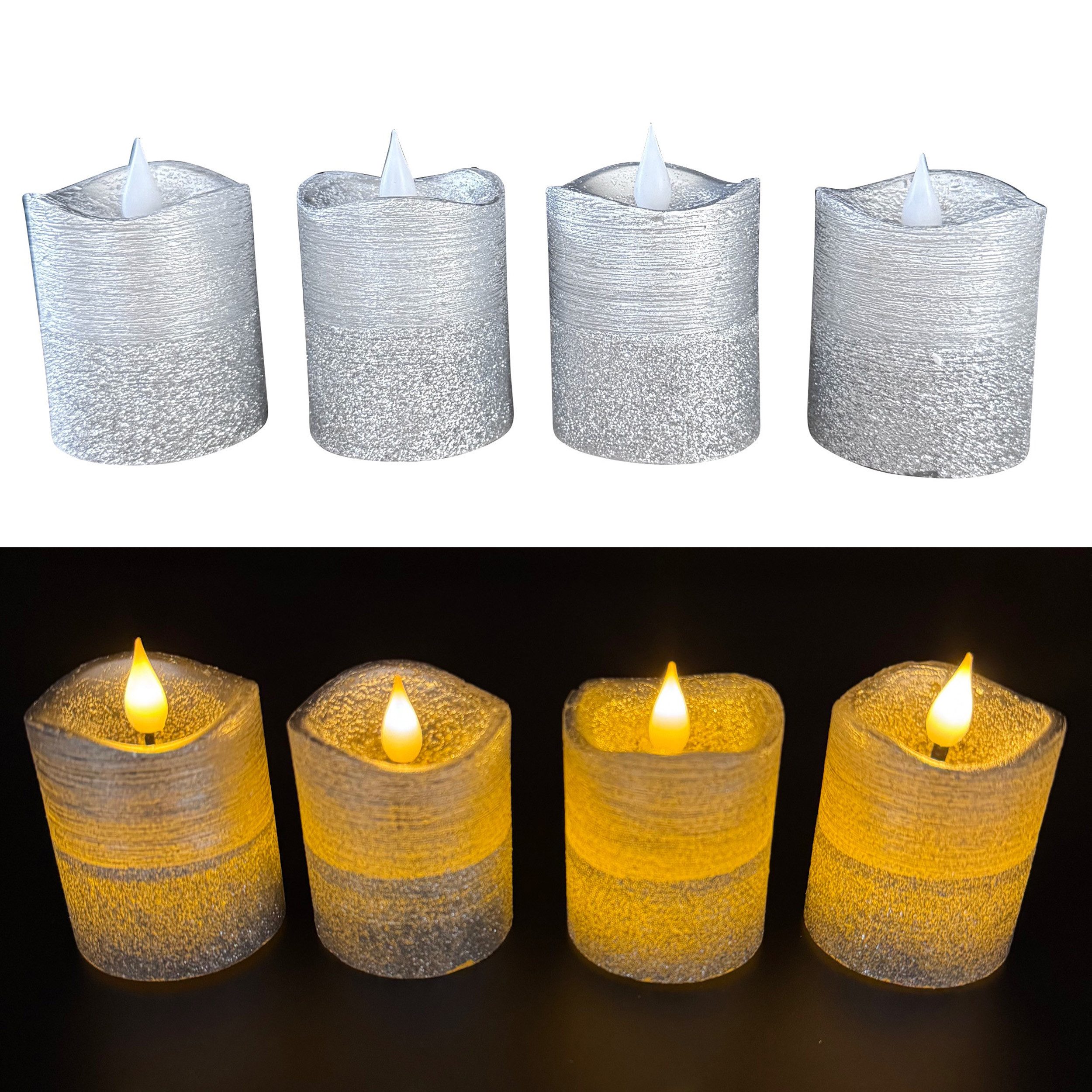 Online-Fuchs LED-Kerze 4 Votivkerzen, Чайные свечи XL aus Echtwachs mit Timer und Glitzer (Rot, Silber, Weiß, Rosé & Champagner, 7,5 x 5 cm groß), mit einer realistischen Flamme