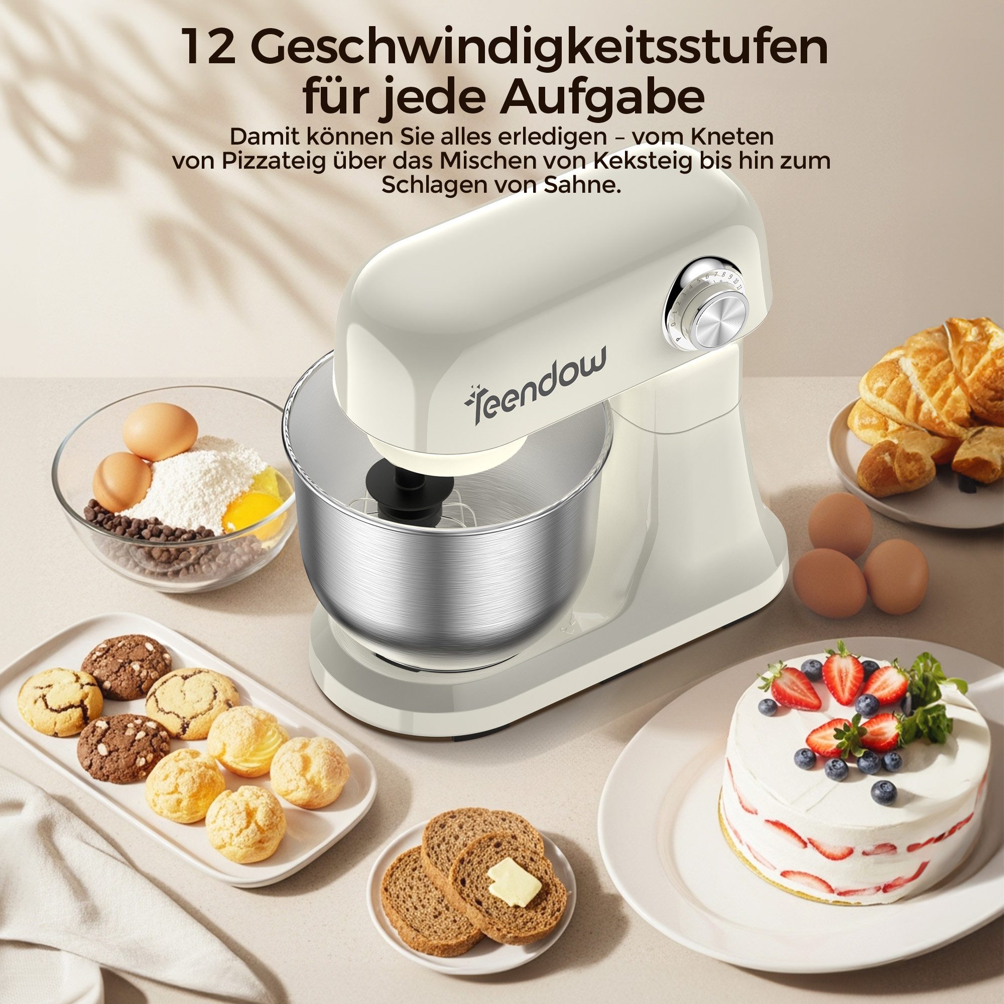 Teendow Küchenmaschine Multifunktionale Küchenmaschine mit 12-Geschwindigkeit, kippbarem Kopf, 1500 W, 4,7 l Schüssel, mit Knethaken, Schneebesen, und Rührbesen