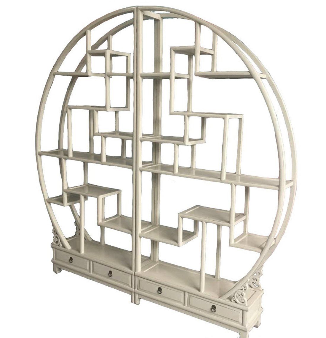 OPIUM OUTLET Wandregal Chinesisches Rundregal Eckregal offener runder Schrank Vitrine, aus Holz, Breite 206 cm, Höhe 198 cm, Tiefe 25 cm, Asiatischer Raumteiler, orientalisches Bücherboard, Vintage-Stil