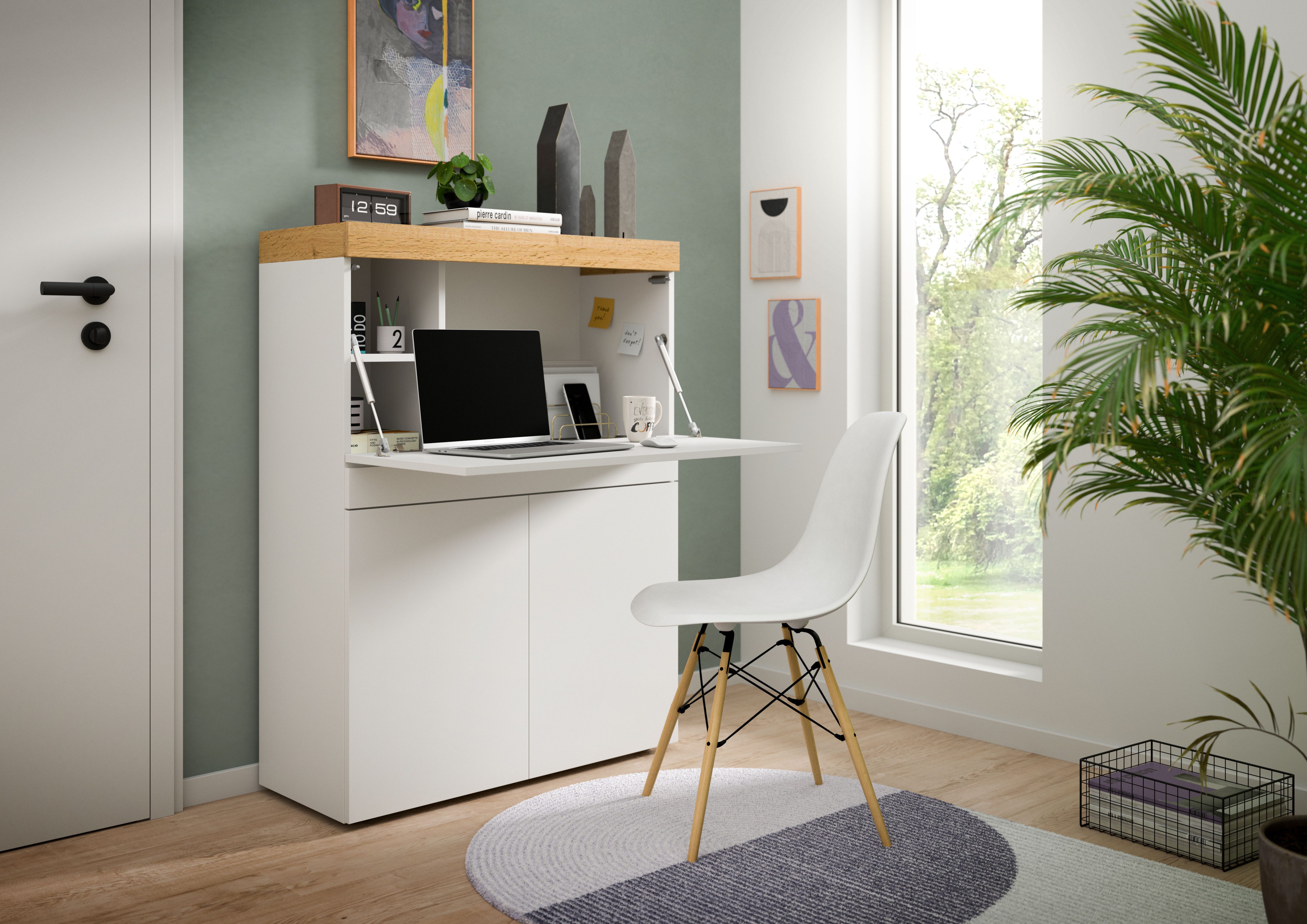 OTTO home Sekretär MAMBO, Höhe 122cm, Home-Office-Schreibtisch, PC-Schrank (2 Türen, 1Klappe, 7 Fächer, 1 Schubkasten, 3 höhenverstellbare Böden), Multifunktional mit viel Stauraum, klappbare Tischfläche