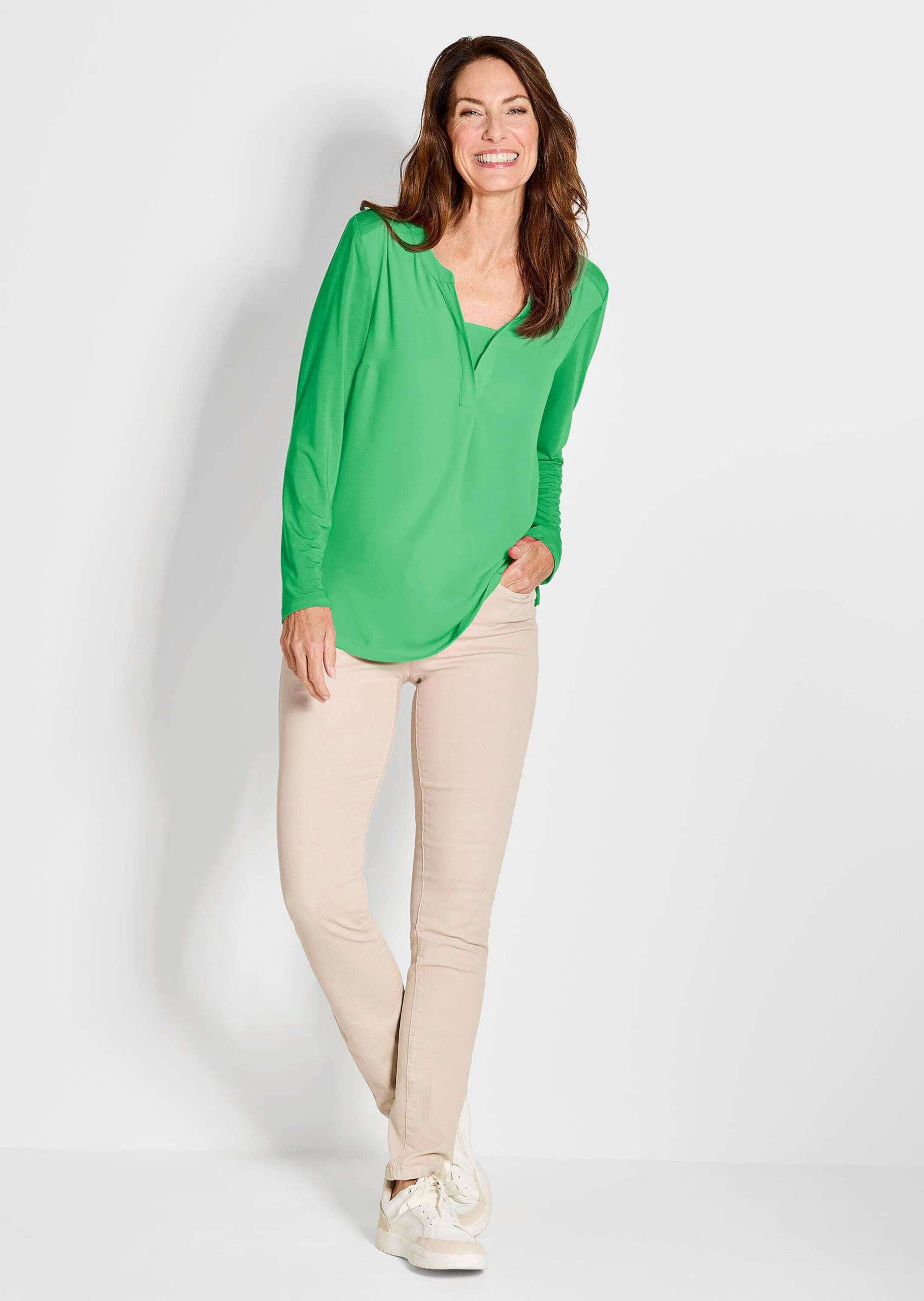 GOLDNER Shirtbluse Kurzgröße: Elegantes Chiffonshirt, Jersey-Details Langar günstig online kaufen