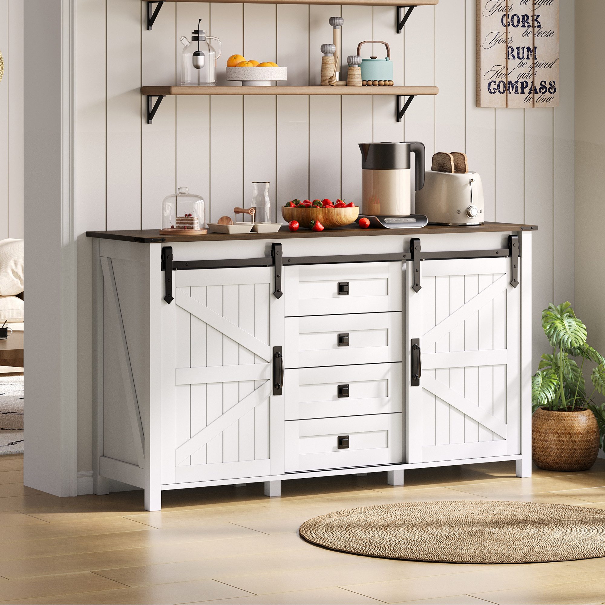 MODFU Sideboard mit Schiebetüren (Vintage Sideboard mit Schiebetüren & 4 Schubladen – 137 cm., 1 St), mit Schiebetüren und 4 Schubladen