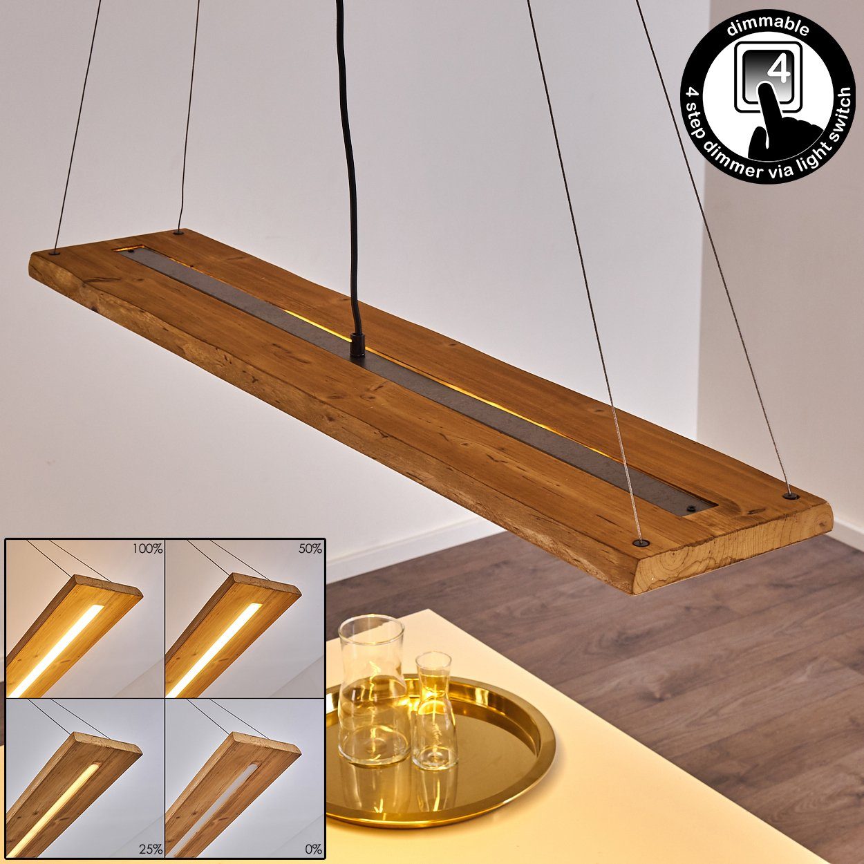 hofstein Pendelleuchte »Volano« dimmbare aus Holz/Metall in Braun/Dunkelgrau, 3000 Kelvin, moderne Hängelampe, Höhe max. 150cm, Pendellampe dimmbar,3000 Lumen