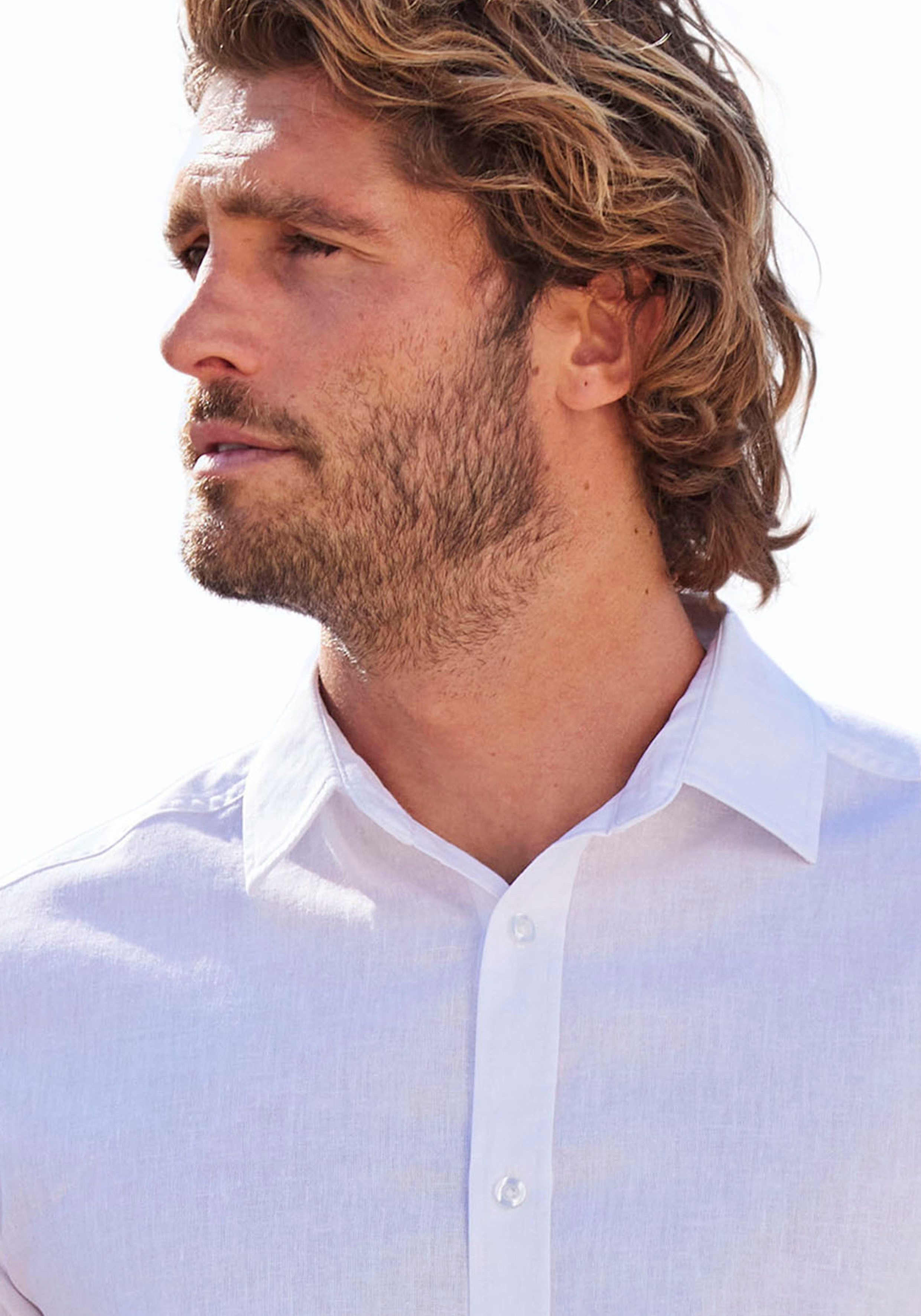 John Devin Kurzarmhemd Regular Fit, Leinenhemd mit Kentkragen aus Baumwoll-Leinen Mischung