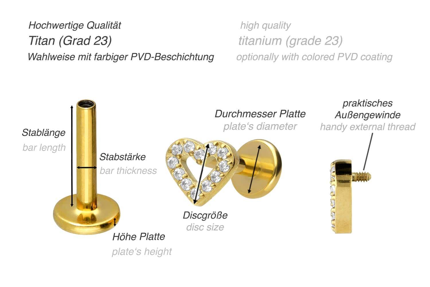 PIERCINGLINE Piercing-Set Titan Labret mit Innengewinde KRISTALLHERZ (Labre günstig online kaufen