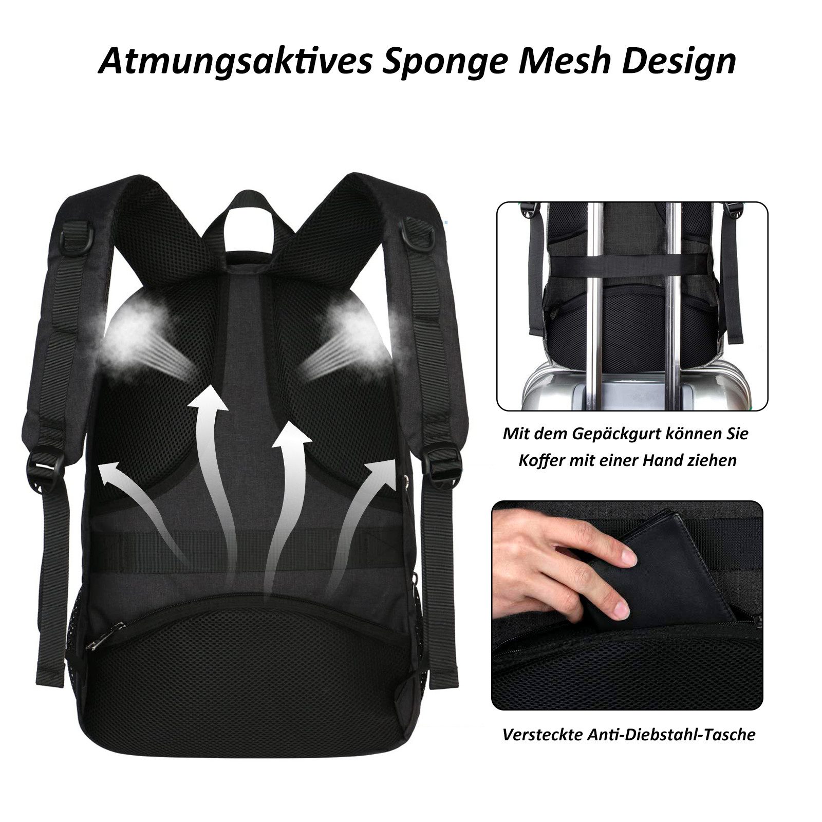 TAN.TOMI Rucksack Laptop-Rucksack Herren mit USB-Ladebuchse, Große Kapazität Casual Rucksack für 15,6" Laptop