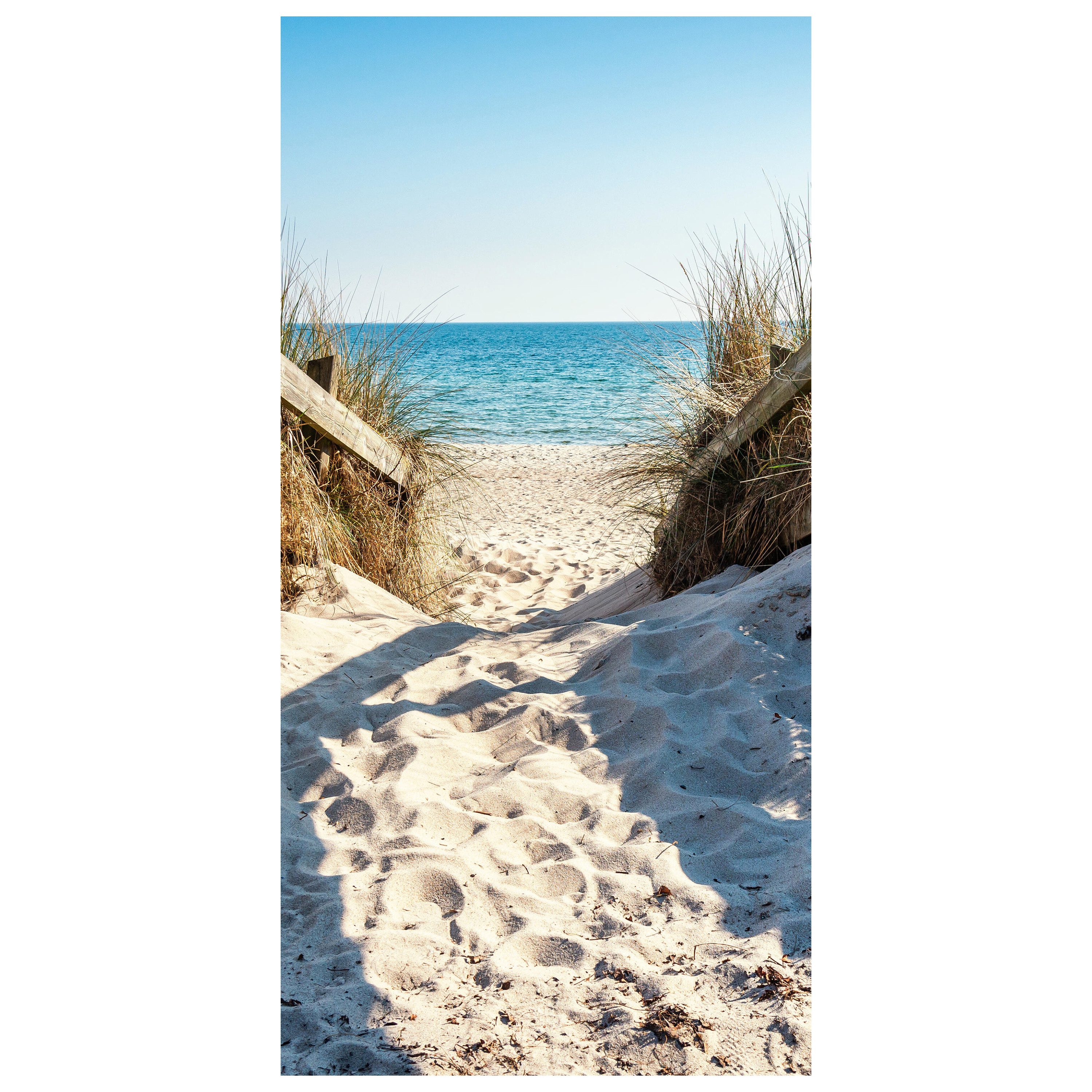 wandmotiv24 Türtapete Weg an den Sand-strand, Meer, Wasser, glatt, Fototapete, Wandtapete, Motivtapete, matt, selbstklebende Dekorfolie