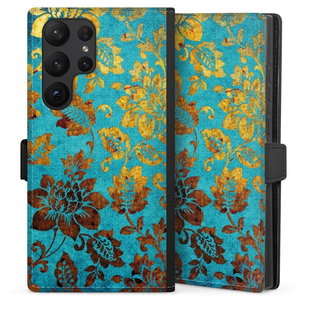 DeinDesign Handyhülle Vintage Ornamente Blumen Blue Vintage, Samsung Galaxy S23 Ultra Hülle Handy Flip Case Wallet Cover