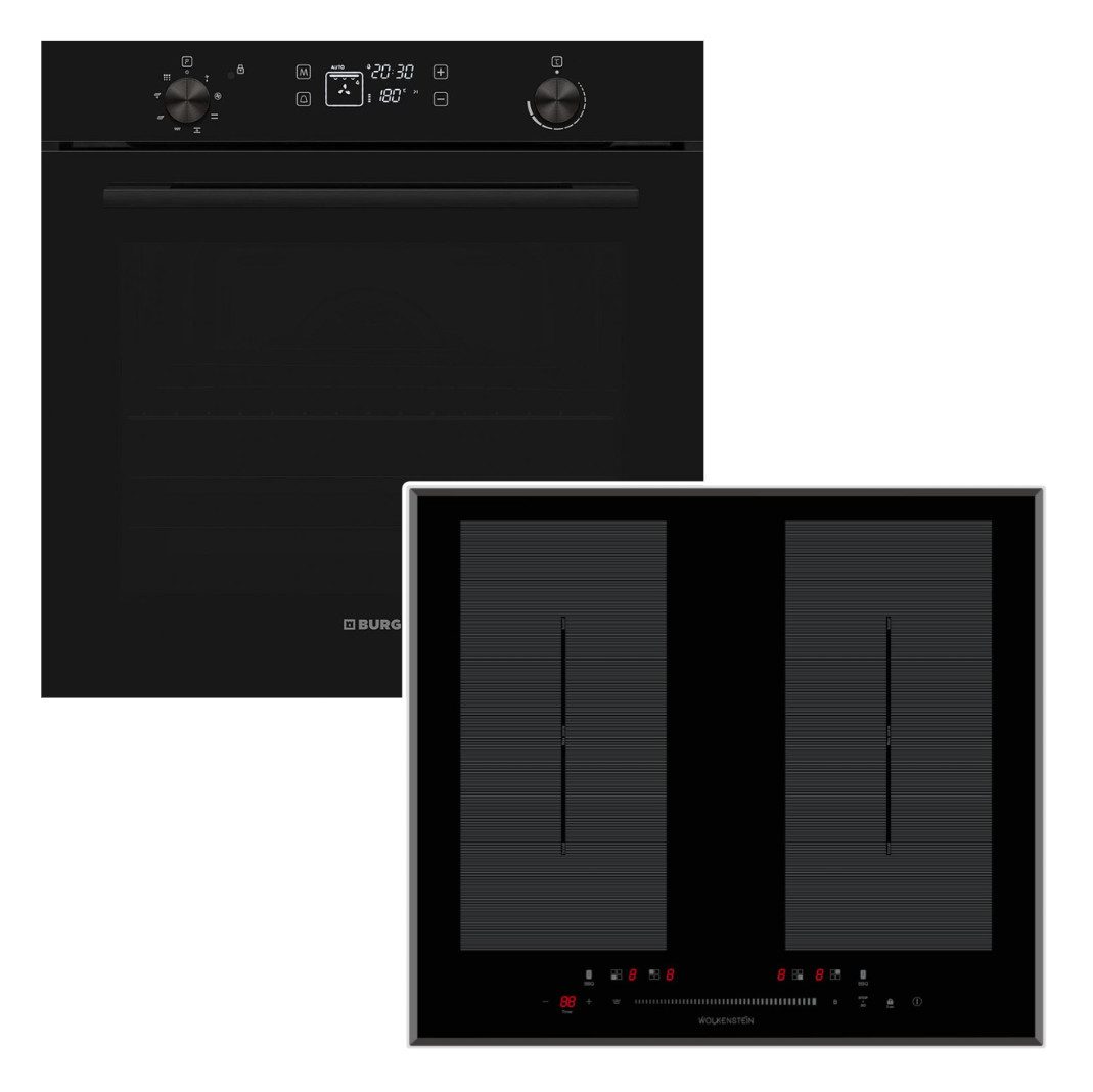 VESTEL Backofen-Set Pyrolyse 78L + Wolkenstein Induktionskochfeld 2 Flexzonen 60cm autark, Pyrolyse-Selbstreinigung