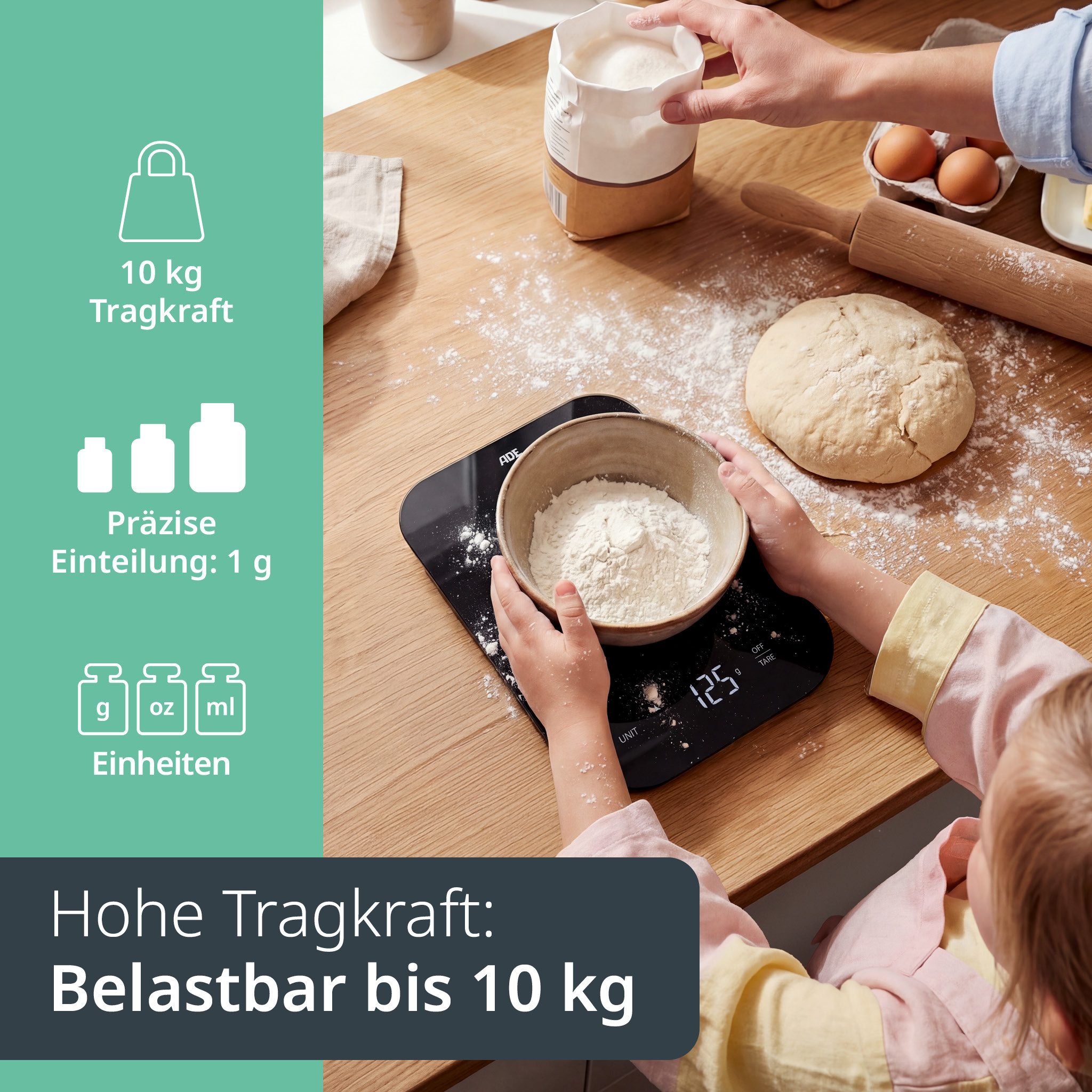 ADE Küchenwaage Digital, aufladbar per USB-C, bis 10 kg auf 1 g genau, aus Glas, Digitalwaage mit Tara-Funktion, beleuchtete Anzeige, in g, ml & oz