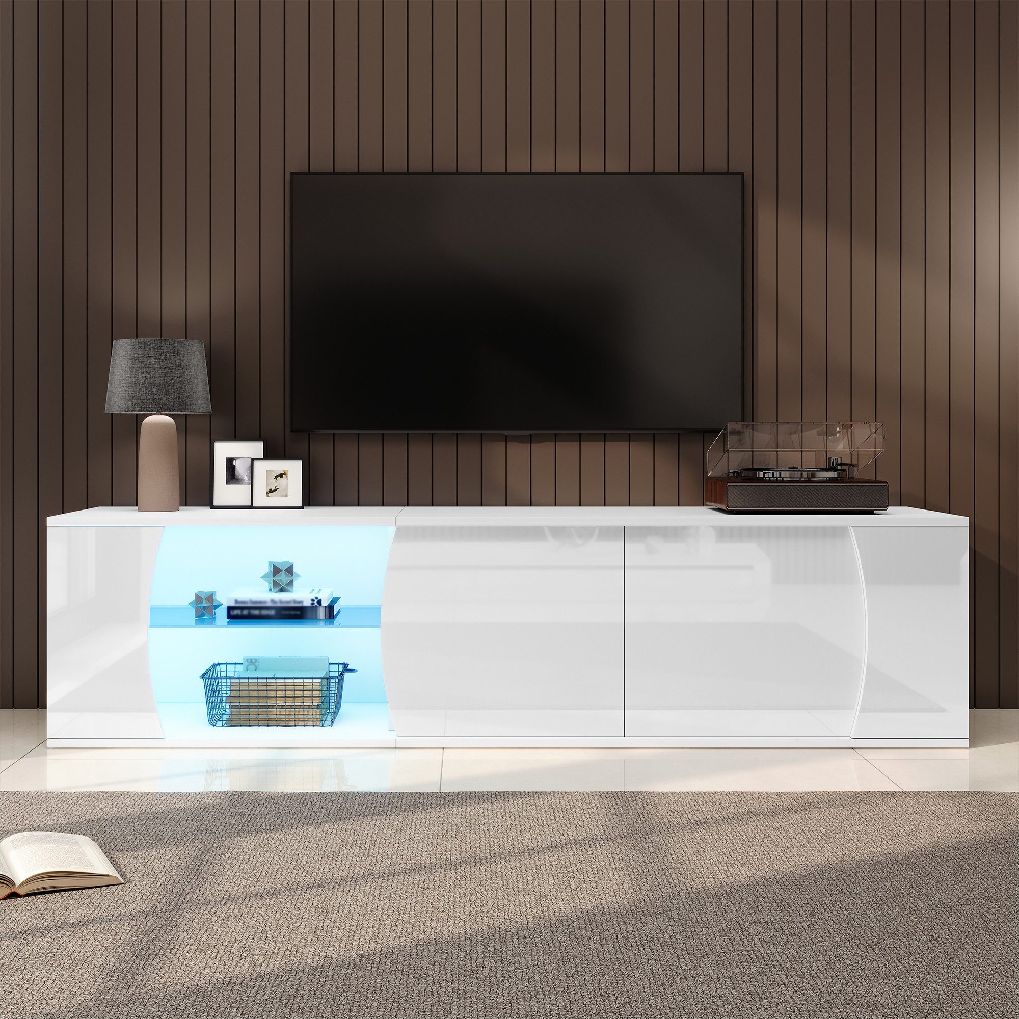 Merax Lowboard hochglänzender Fernsehschrank mit LED-Lichtern (für Fernseher bis 80 Zoll, 1 St., 180x40x45cm), TV-Schrank mit 3 Türen, großzügigem Stauraum & gehärtetem Glas