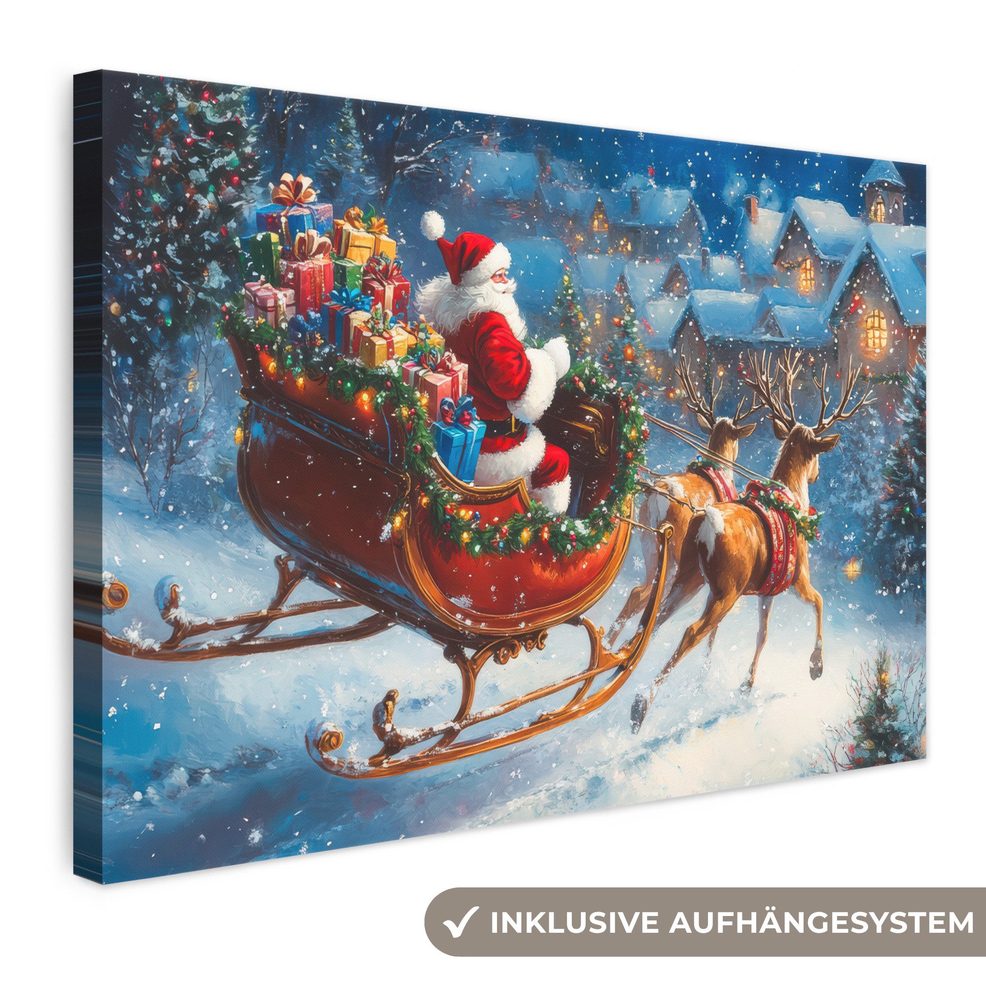 OneMillionCanvasses® Leinwandbild Weihnachtsmann - Rentier - Weihnachten - Schnee, Fotodruck (1 St), Leinwand Bilder Klein, Wand Dekoration Aesthetic 30x20 cm