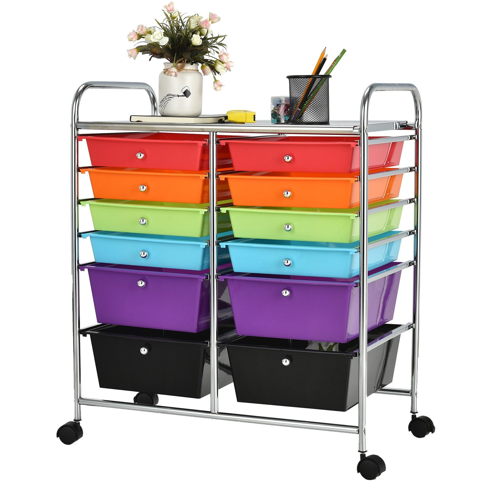 COSTWAY Rollwagen, mit Arbeitsplatte & 12 stapelbaren Schubladen, 38x64x75cm