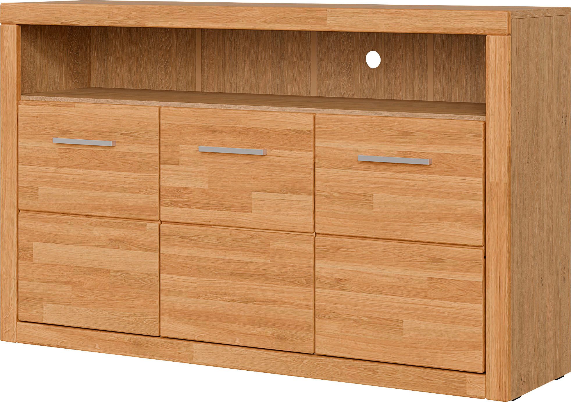 OTTO home Sideboard Ribe,130cm breit, Fronten Massivholz,7 Fächer, Holz massiv, Holzwerkstoff, Metall Griffe,3 Türen