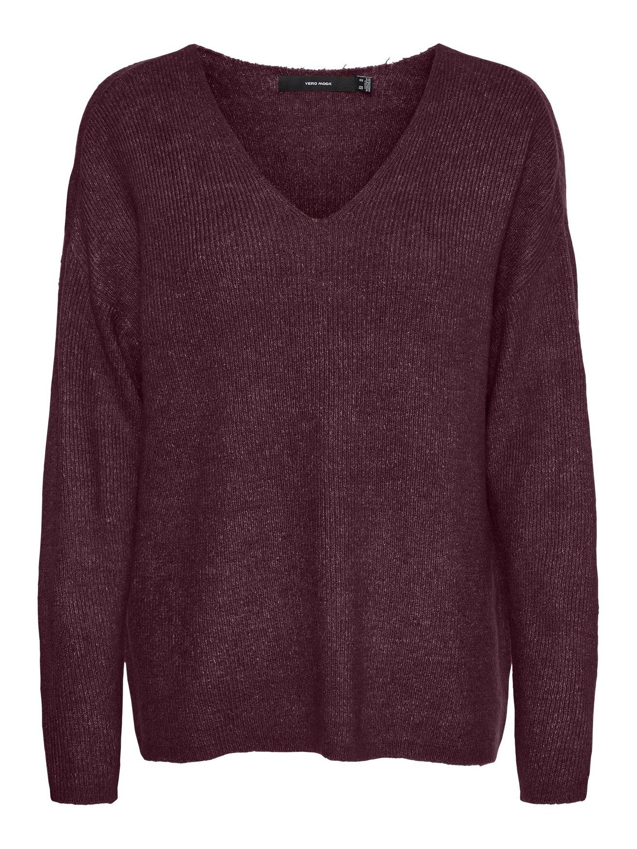 Sweater Moda Langarm Weinrot Strickpullover 6112 Strickpullover V-Ausschnitt in Vero VMCREWLEFILE