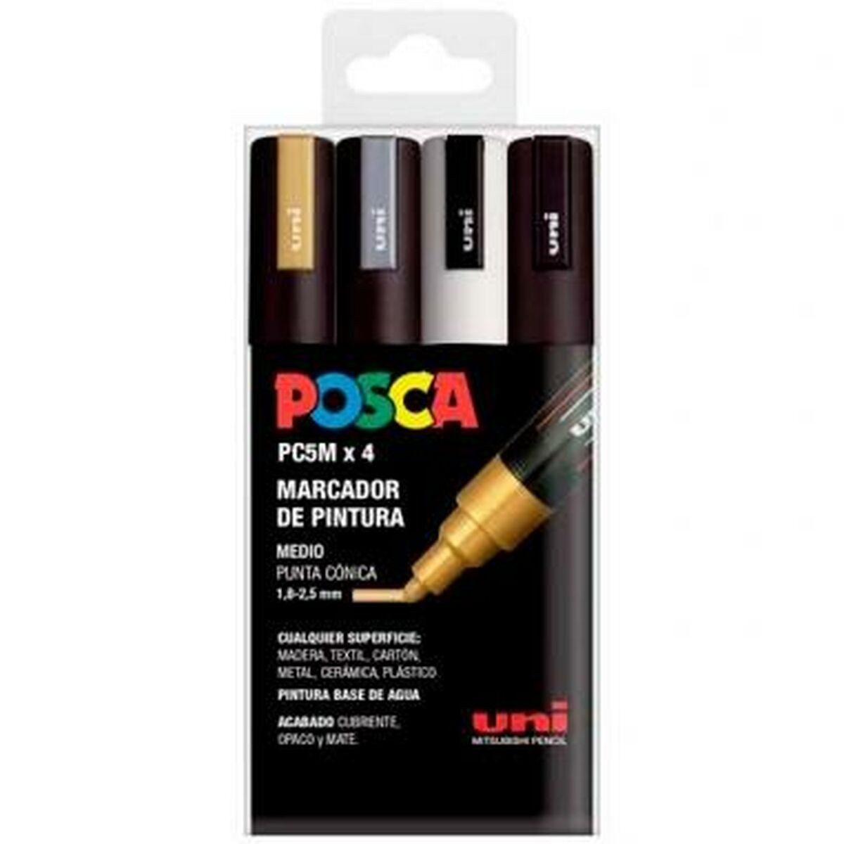 Posca UNI Set 4 Pennarelli A Punta Fine 2mm - Oro, Argento, Bianco E Nero - 2