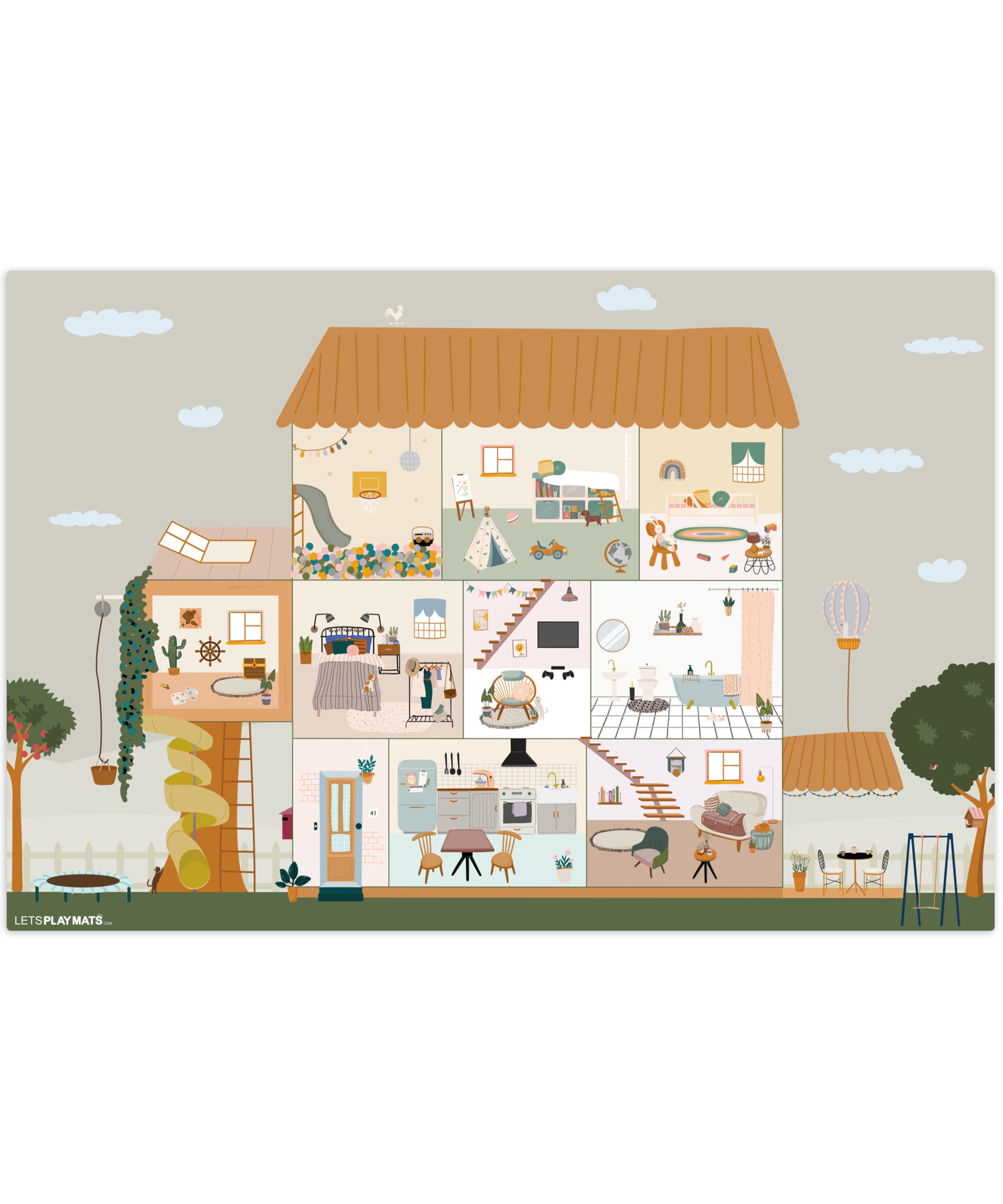 LetsPlaymats Spielmatte Puppenhaus - Kinder - Möbel - Design - Braun, Krabbeldecke, Jungen, Mädchen, Babymatte, Spielunterlage, 105x70 cm
