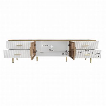 HAUSS SPLOE TV-Schrank TV-Lowboards TV Schrank Fernsehschrank TV-Tisch (Fernsehschrank TV-Lowboard Sideboard Beistellschrank modern, mit 4 Strukturierte Schubladen 4 Füßen) mit Goldenen Griffen und zwei Braune Türen aus Gehärtetem Glas