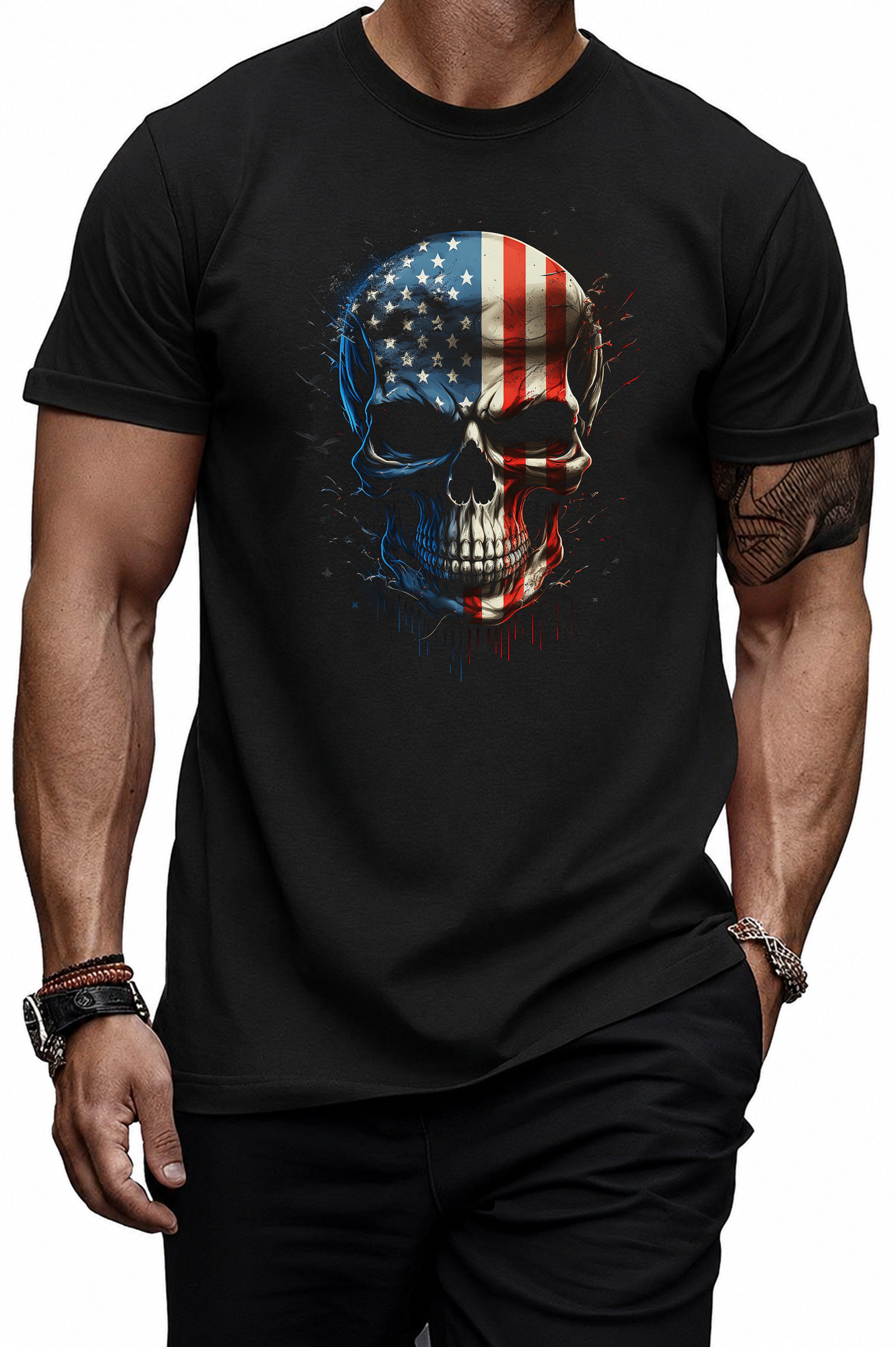 T-Shirt Herren Shirt Skull Totenkopf Schädel Skelett USA US