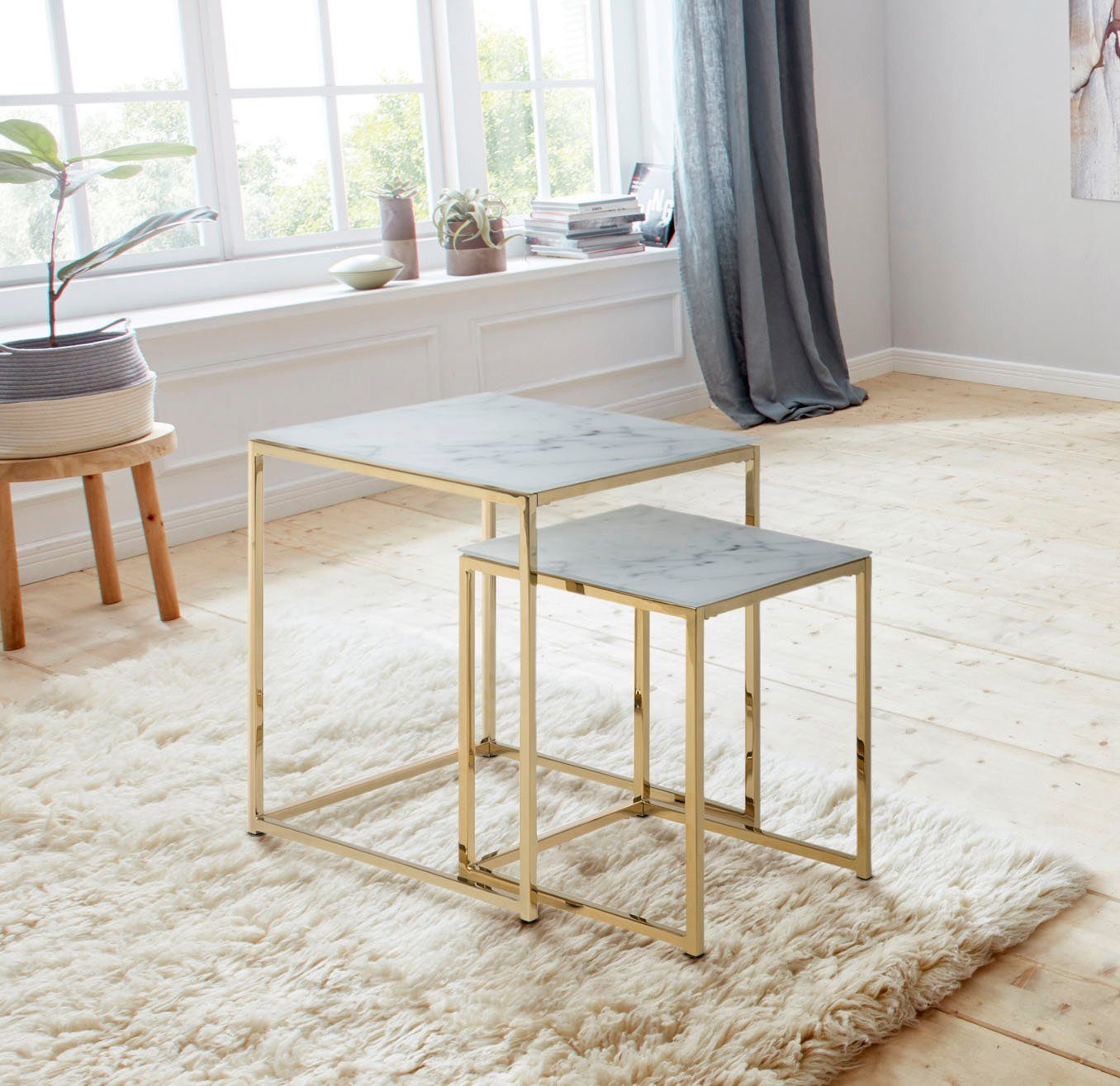 Beistelltisch Alina (Set, 2-St), mit Glastischplatte mit Mamor Print und Gestell aus Metall