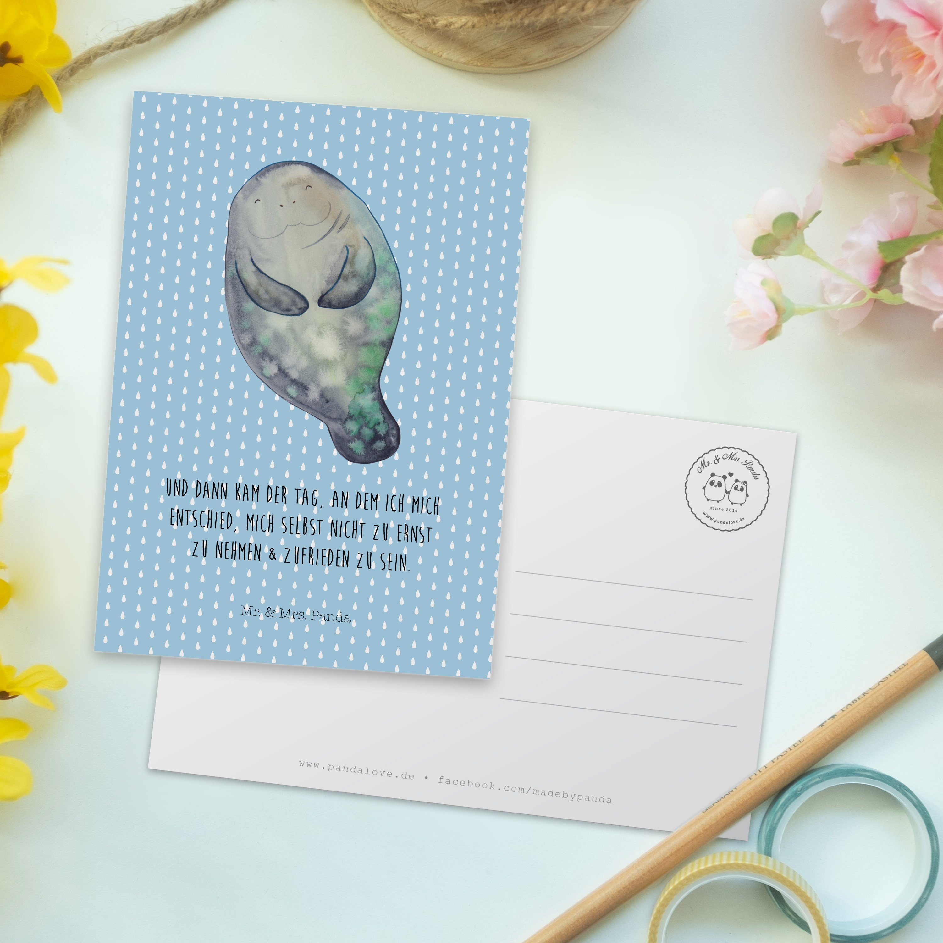 Panda Seekühe Karte, - Postkarte Pastell Seekuh Mrs. Blau happy Liebeskummer, & - Geschenk, Mr.