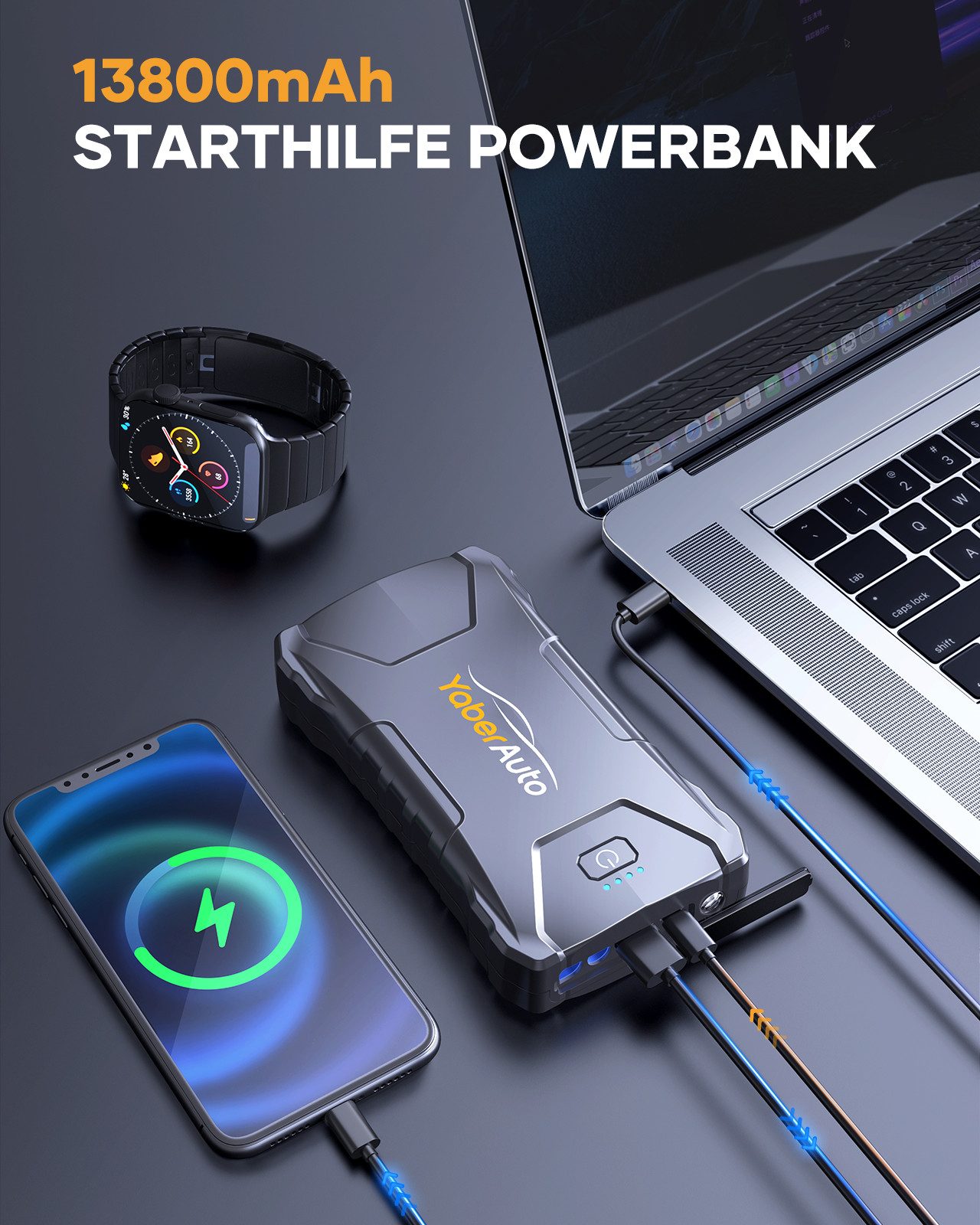 Yaber 13800mAh Starthilfe Powerbank fürs Auto 2000A Starthilfegerät 13800 mAh (12 V), 2000A, Kompakt & Leicht, 10 Schutzmaßnahmen, Notfall-LED-Licht – Bild 2 von 5