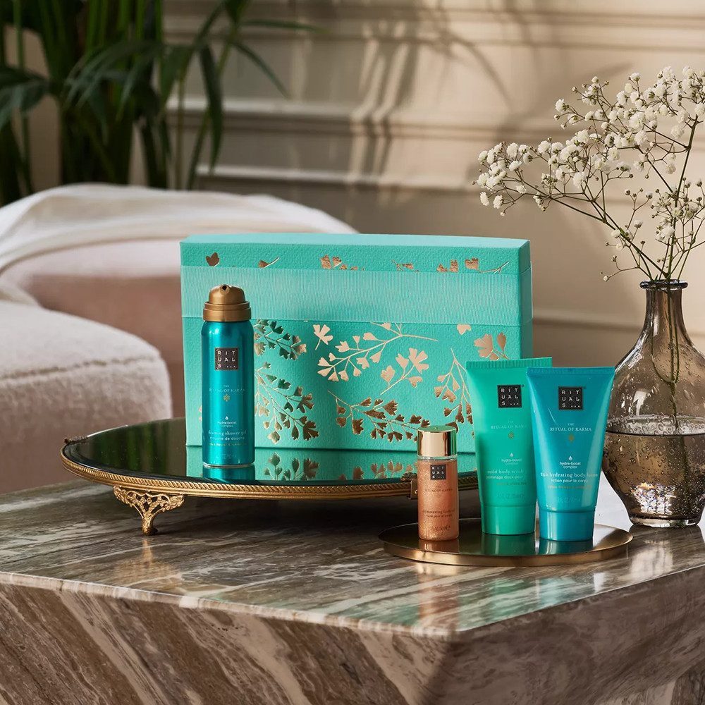 Rituals Pflege-Geschenkset Luxus-Pflegeset Limited Edition Karma Geschenkset S 2025, 4-tlg., 4-teiliges Pflegeset mit Duschschaum, Lotion, Peeling & Körperöl