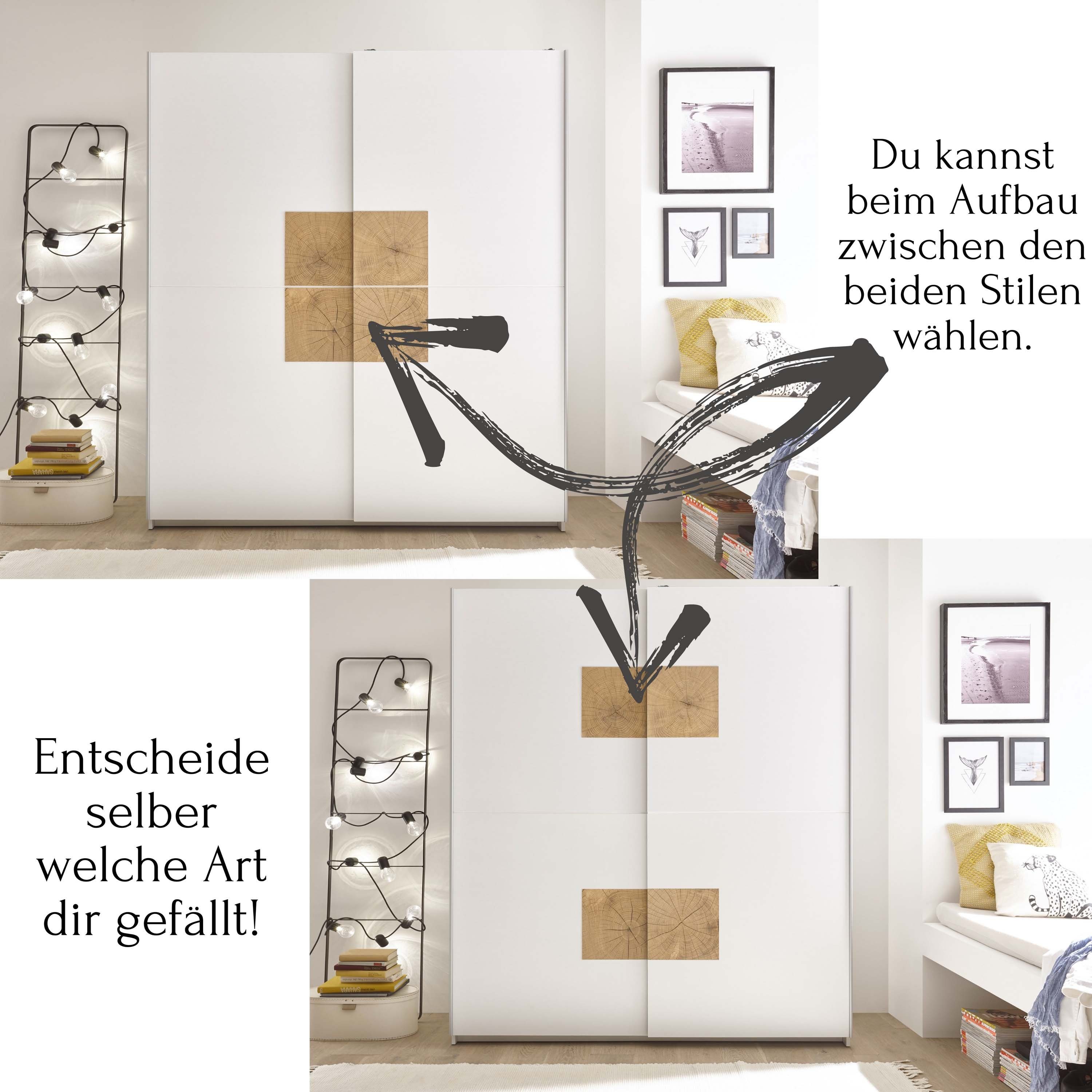 möbelando Kleiderschrank Johann Schwebetürenschrank modern mit viel Stauraum - Vielseitiger Kleiderschrank in Weiß mit Hirnholz Absetzungen - 170 x 195 x 59 cm (B/H/T)