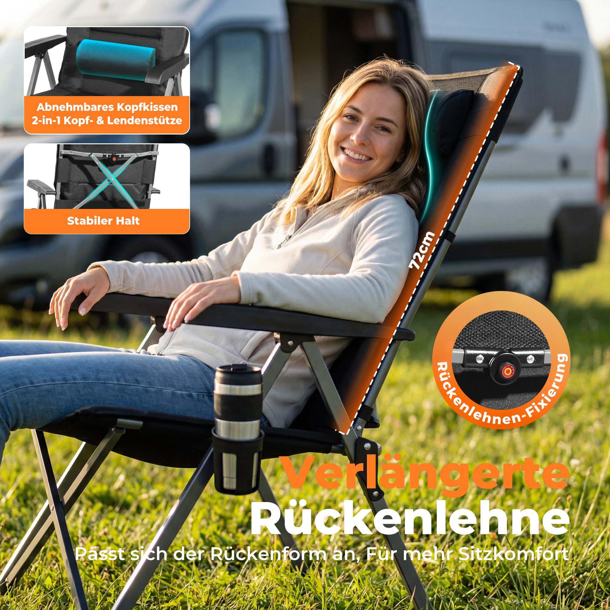 HOMECALL Campingstuhl Faltbar Hochlehner Luxus Klappstuhl mit 4,5cm Dicke Gepolstert (1 St), für Garten Balkon Wohnmobil