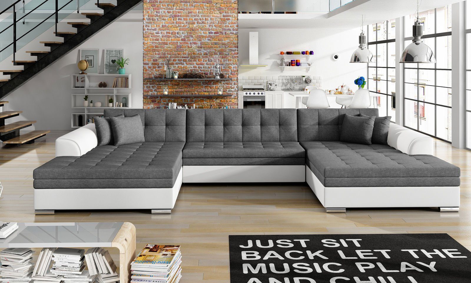 JVmoebel Ecksofa Ecksofa Bettfunktion Bettfunktion Couch Design Polster Grau/Weiß Textil, Schlafsofa Leder Mit