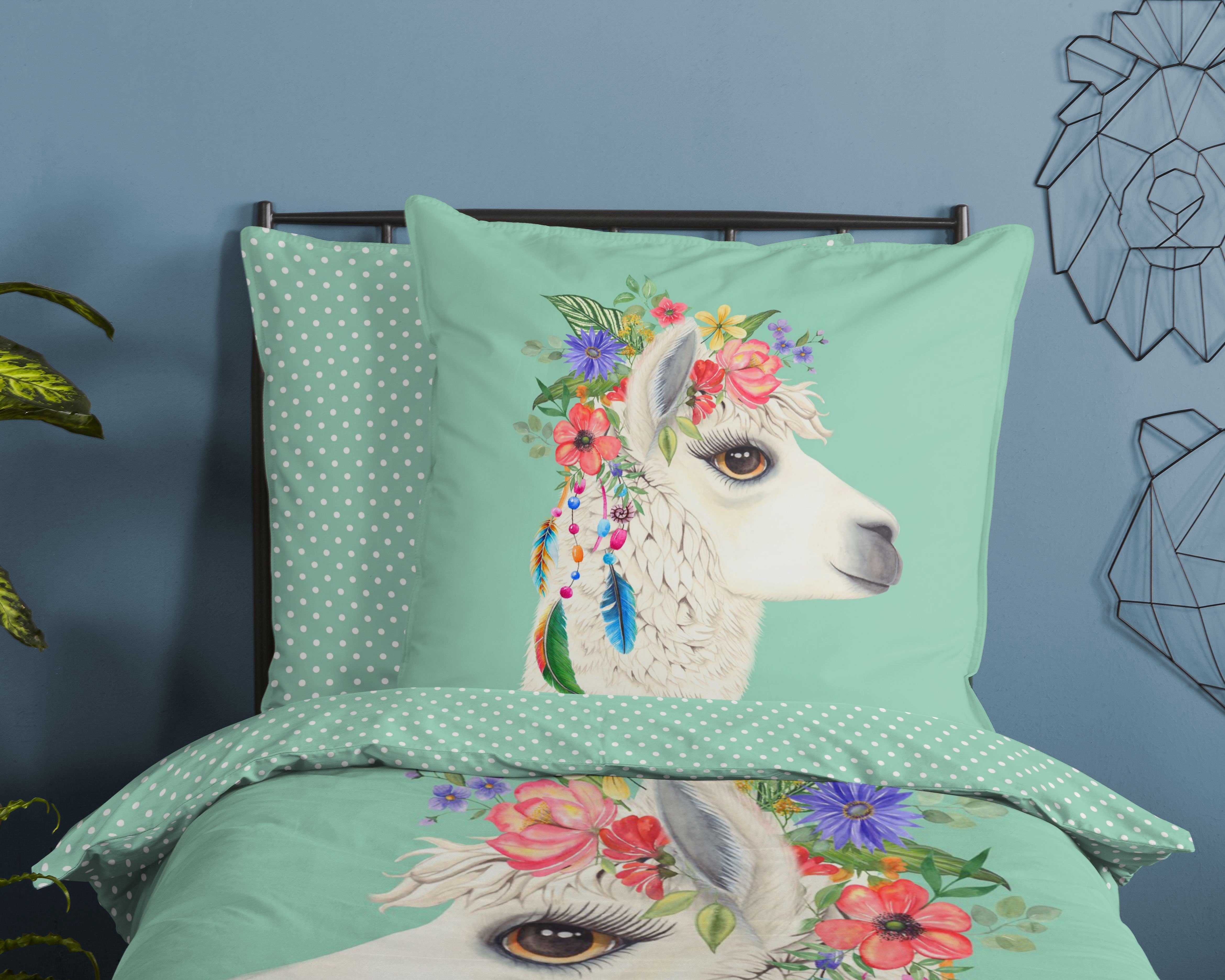 soma Bettwäsche Alpaka Lama Blumen pastell uni grün mint, Bettbezug Kopfkis günstig online kaufen