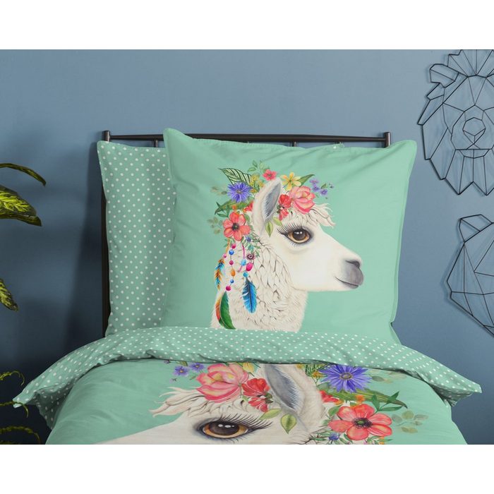 Bettwäsche Alpaka Lama Blumen pastell uni grün mint soma Baumolle 2 teilig Bettbezug Kopfkissenbezug Set kuschelig weich hochwertig