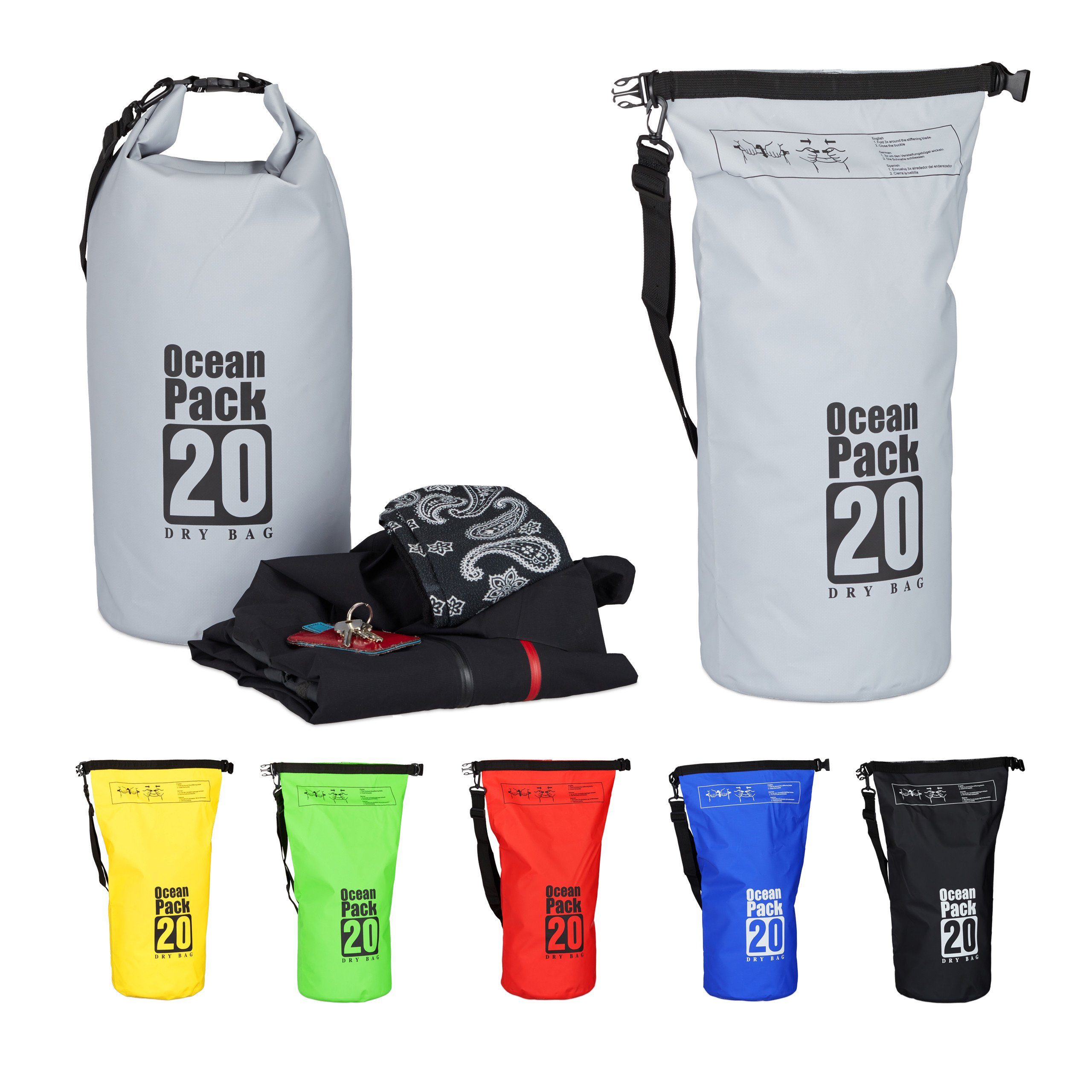 relaxdays wasserdicht, Grau 20L Pack Packsack Ocean Schwarz Dunkelgrau